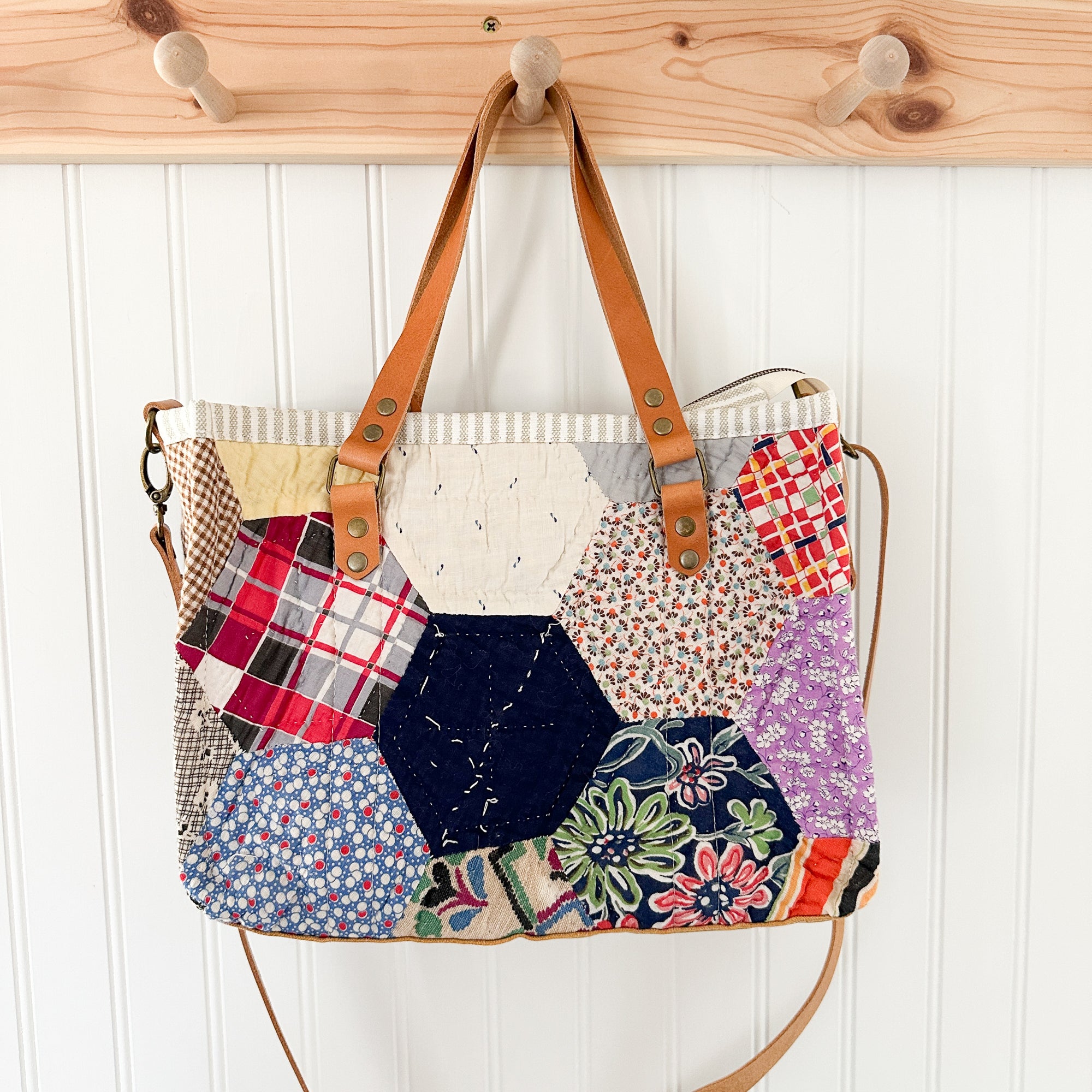 Boxy Bible Bag Vintage Hexagon Quilt with Leather Handles and Crossbody Strap