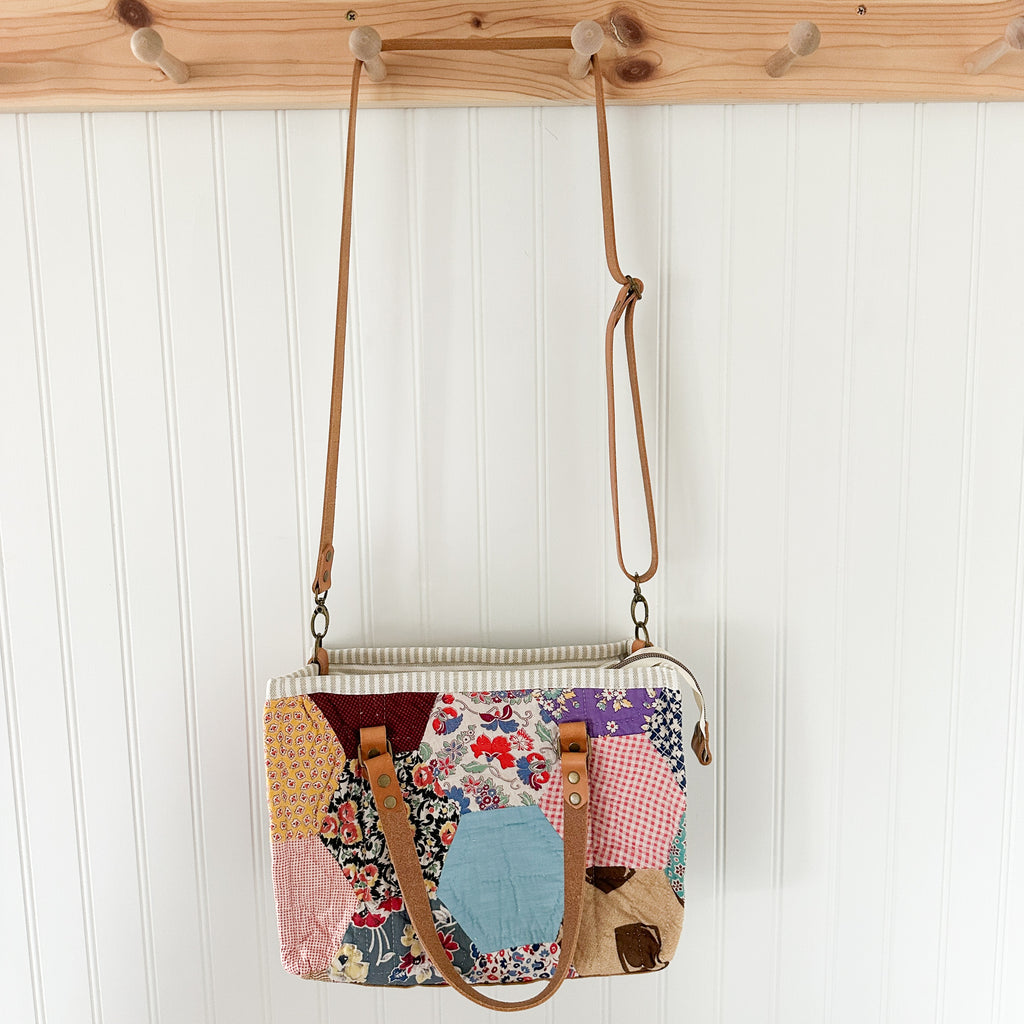 Boxy Bible Bag Vintage Hexagon Quilt with Leather Handles and Crossbody Strap