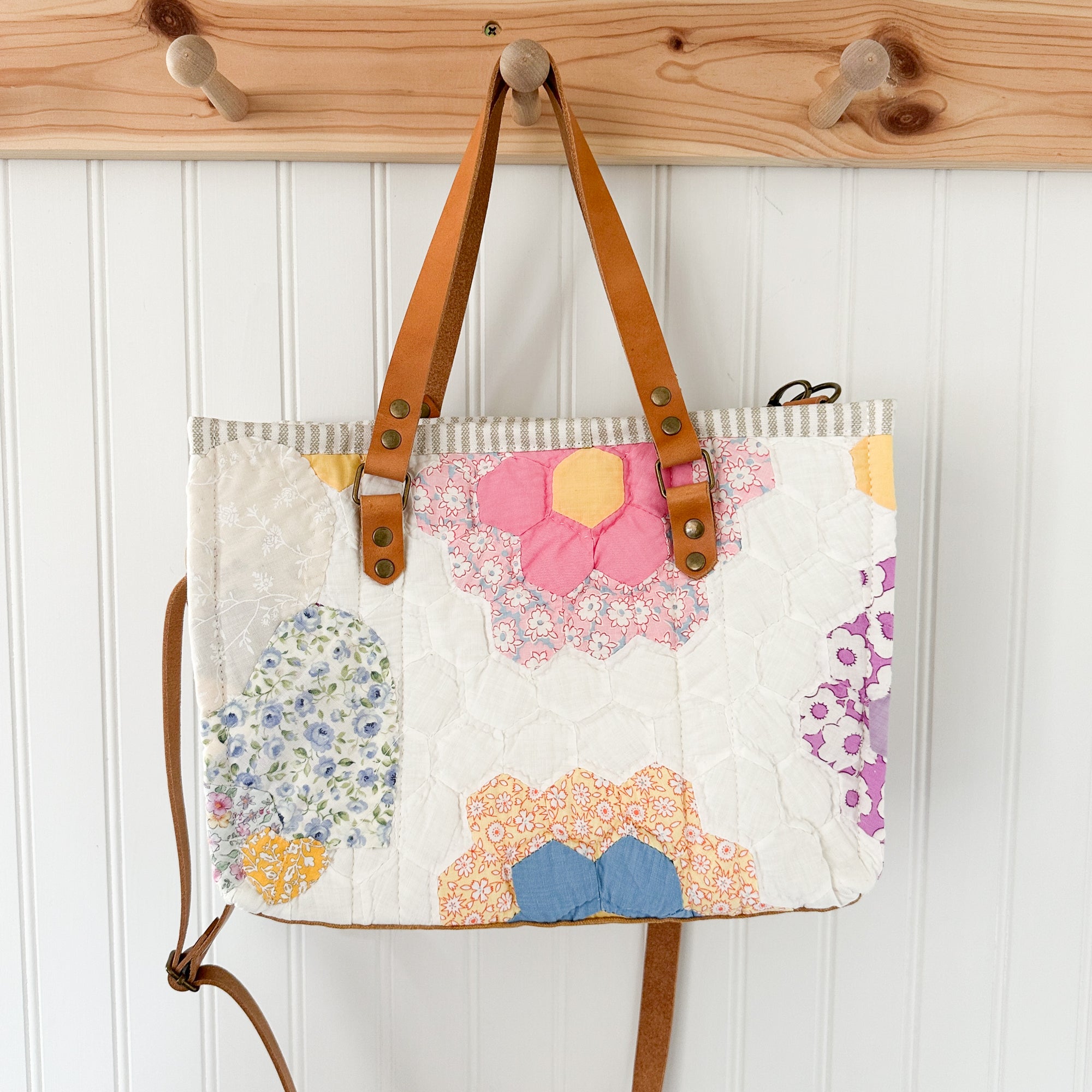 Boxy Bible Bag Vintage Grandmothers Garden Quilt with Leather Handles and Crossbody Strap