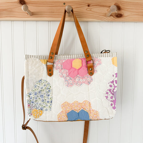 Boxy Bible Bag Vintage Grandmothers Garden Quilt with Leather Handles and Crossbody Strap