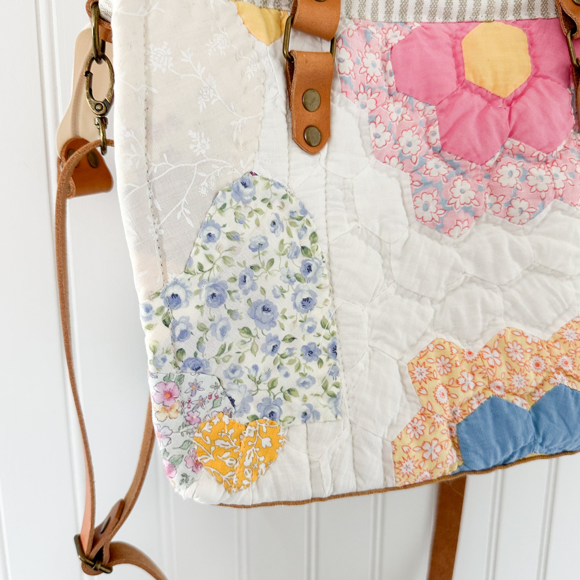 Boxy Bible Bag Vintage Grandmothers Garden Quilt with Leather Handles and Crossbody Strap