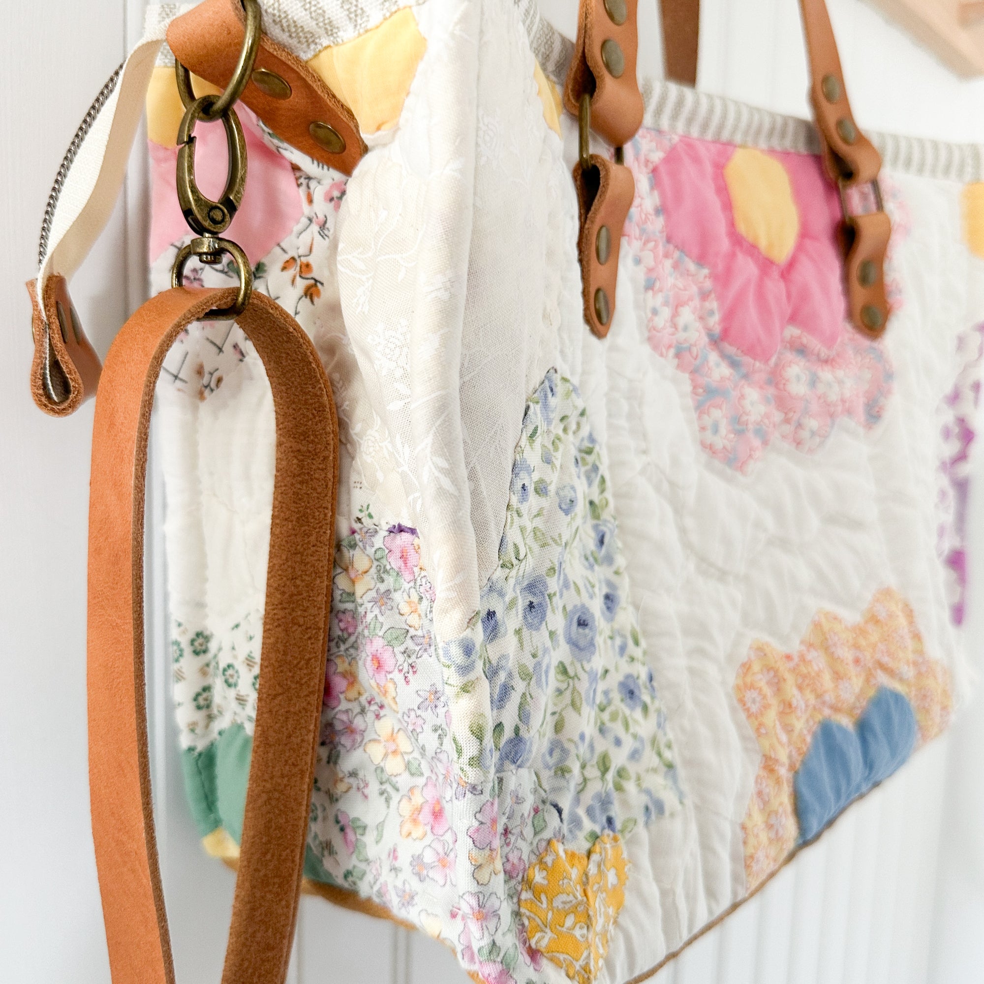Boxy Bible Bag Vintage Grandmothers Garden Quilt with Leather Handles and Crossbody Strap