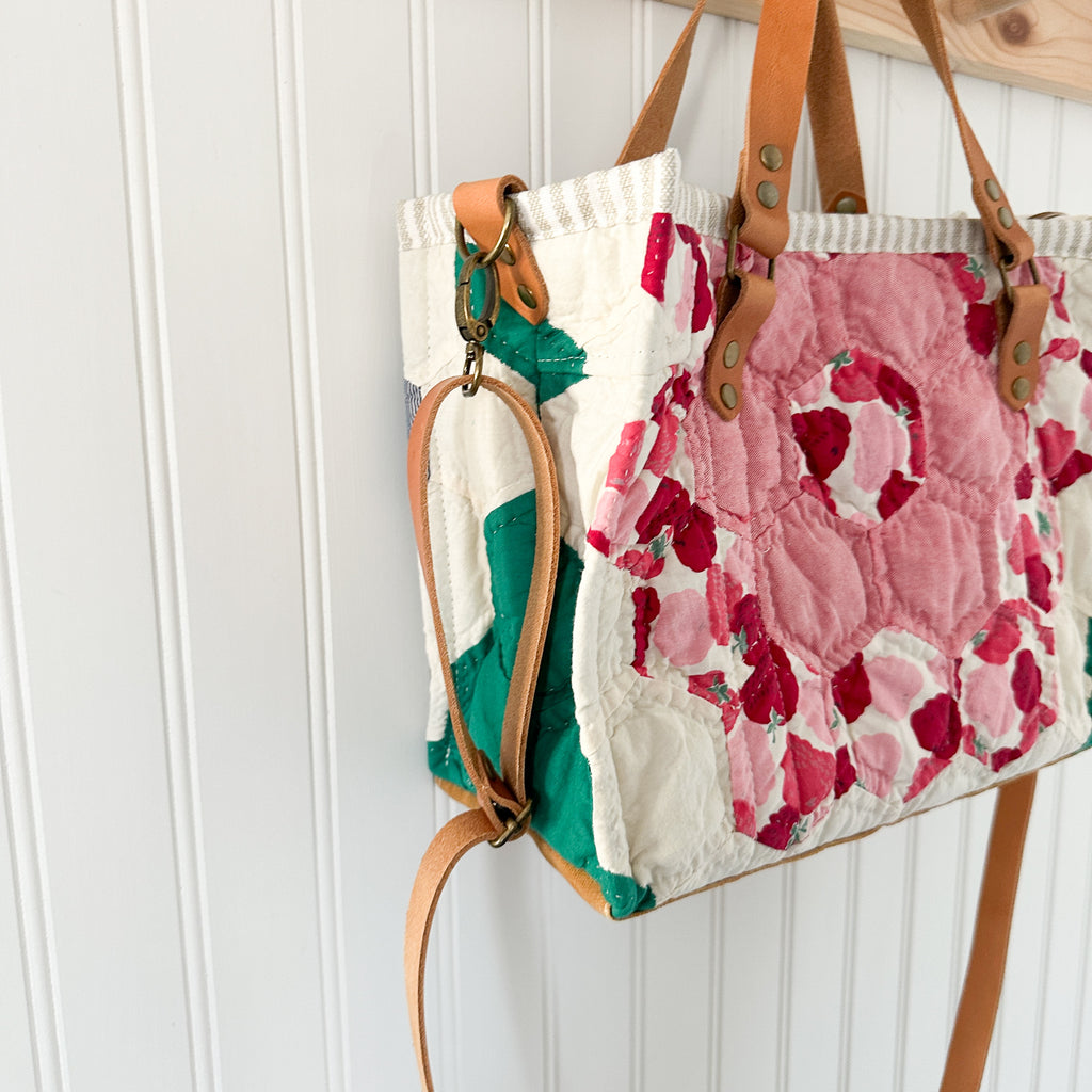 Boxy Bible Bag Vintage Grandmothers Garden Quilt with Leather Handles and Crossbody Strap