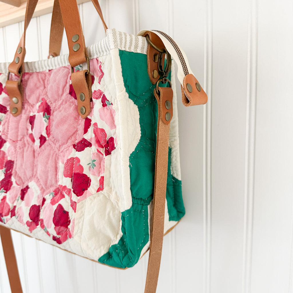 Boxy Bible Bag Vintage Grandmothers Garden Quilt with Leather Handles and Crossbody Strap