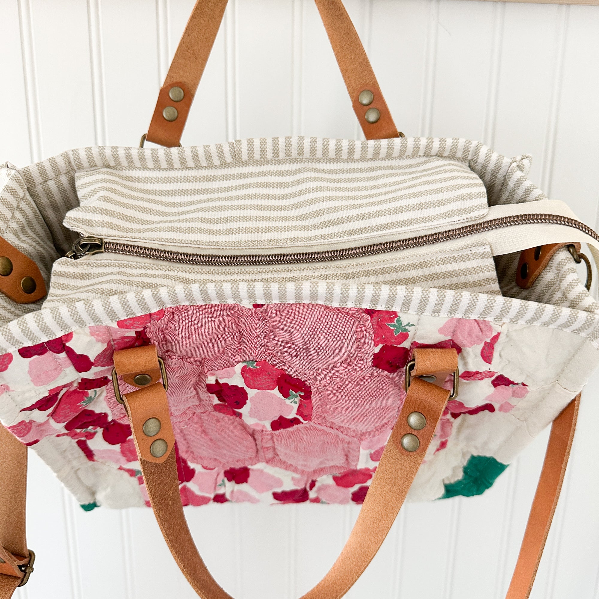 Boxy Bible Bag Vintage Grandmothers Garden Quilt with Leather Handles and Crossbody Strap