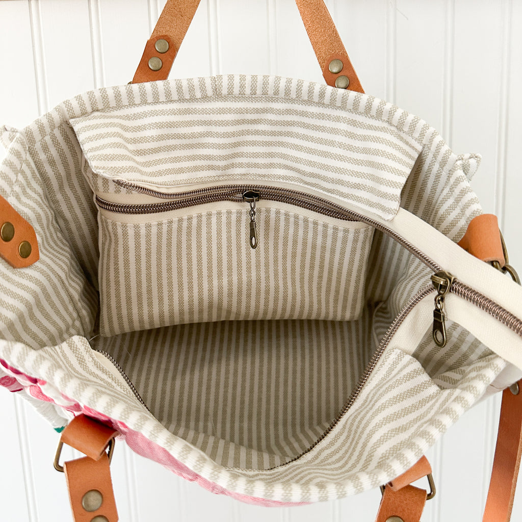Boxy Bible Bag Vintage Grandmothers Garden Quilt with Leather Handles and Crossbody Strap