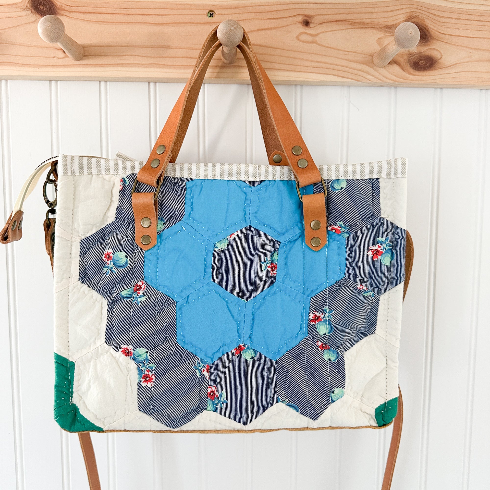 Boxy Bible Bag Vintage Grandmothers Garden Quilt with Leather Handles and Crossbody Strap