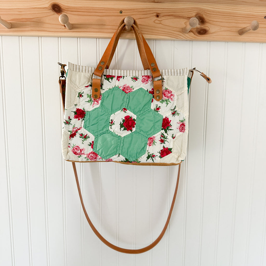 Boxy Bible Bag Vintage Grandmothers Garden Quilt with Leather Handles and Crossbody Strap