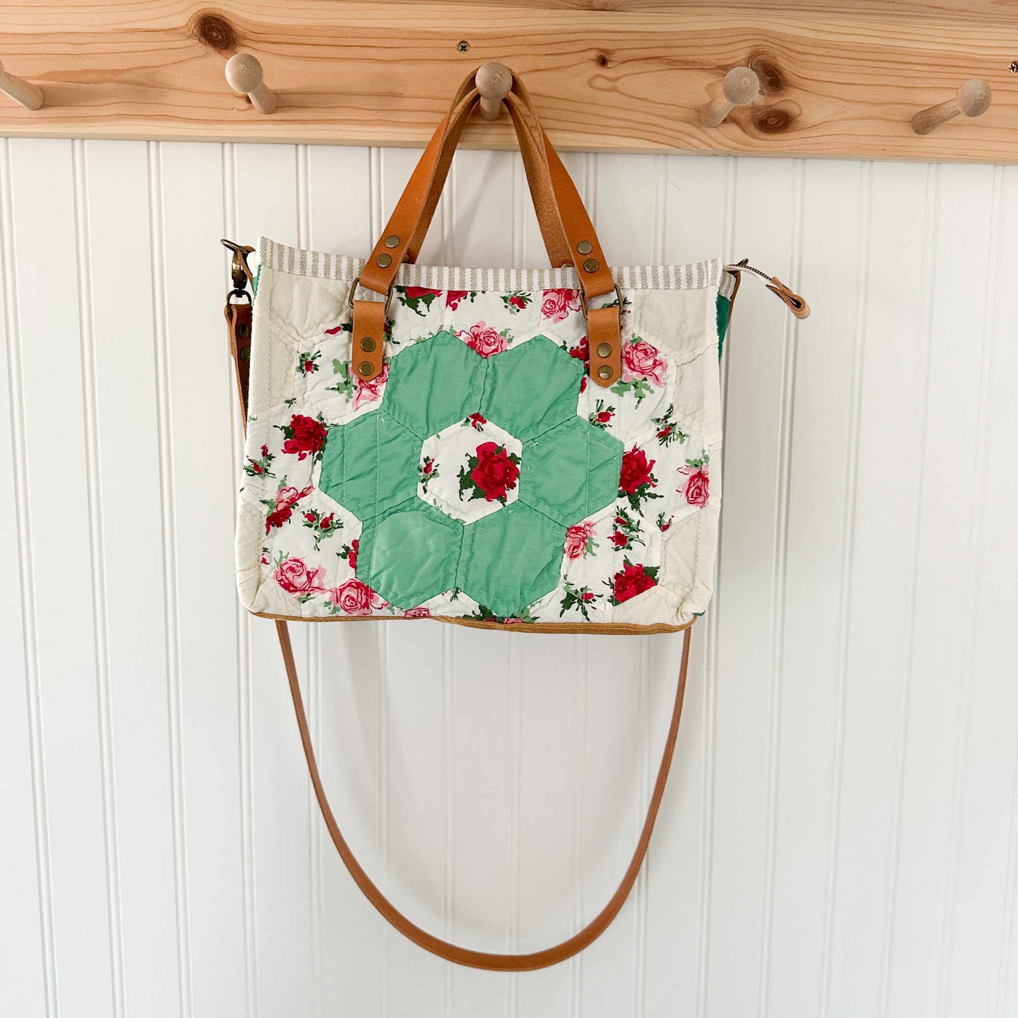 Boxy Bible Bag Vintage Grandmothers Garden Quilt with Leather Handles and Crossbody Strap
