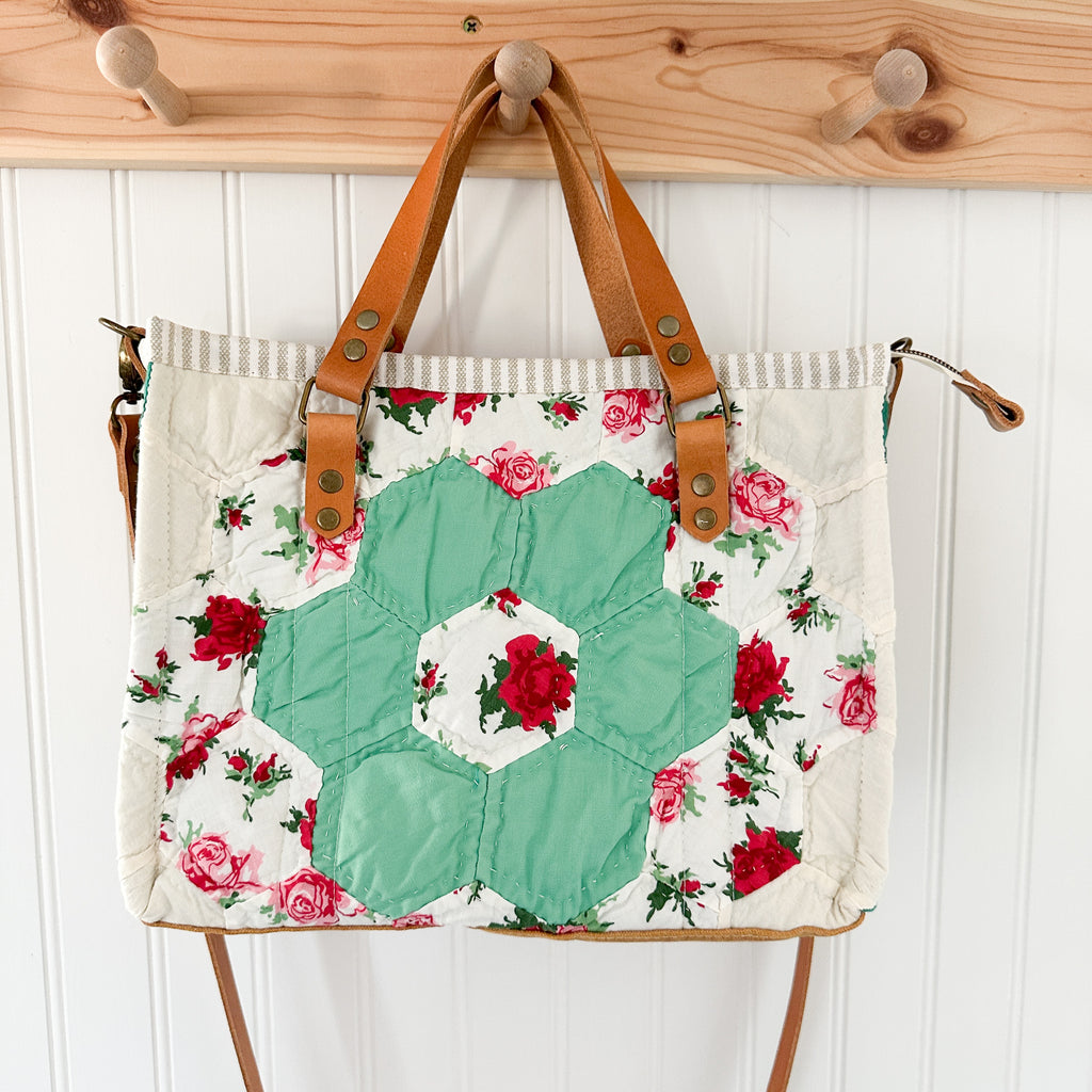Boxy Bible Bag Vintage Grandmothers Garden Quilt with Leather Handles and Crossbody Strap