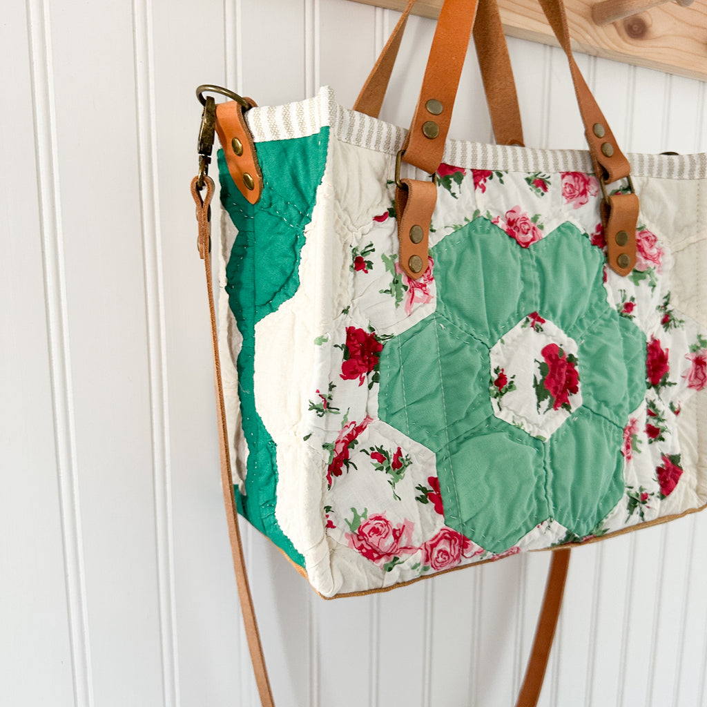 Boxy Bible Bag Vintage Grandmothers Garden Quilt with Leather Handles and Crossbody Strap