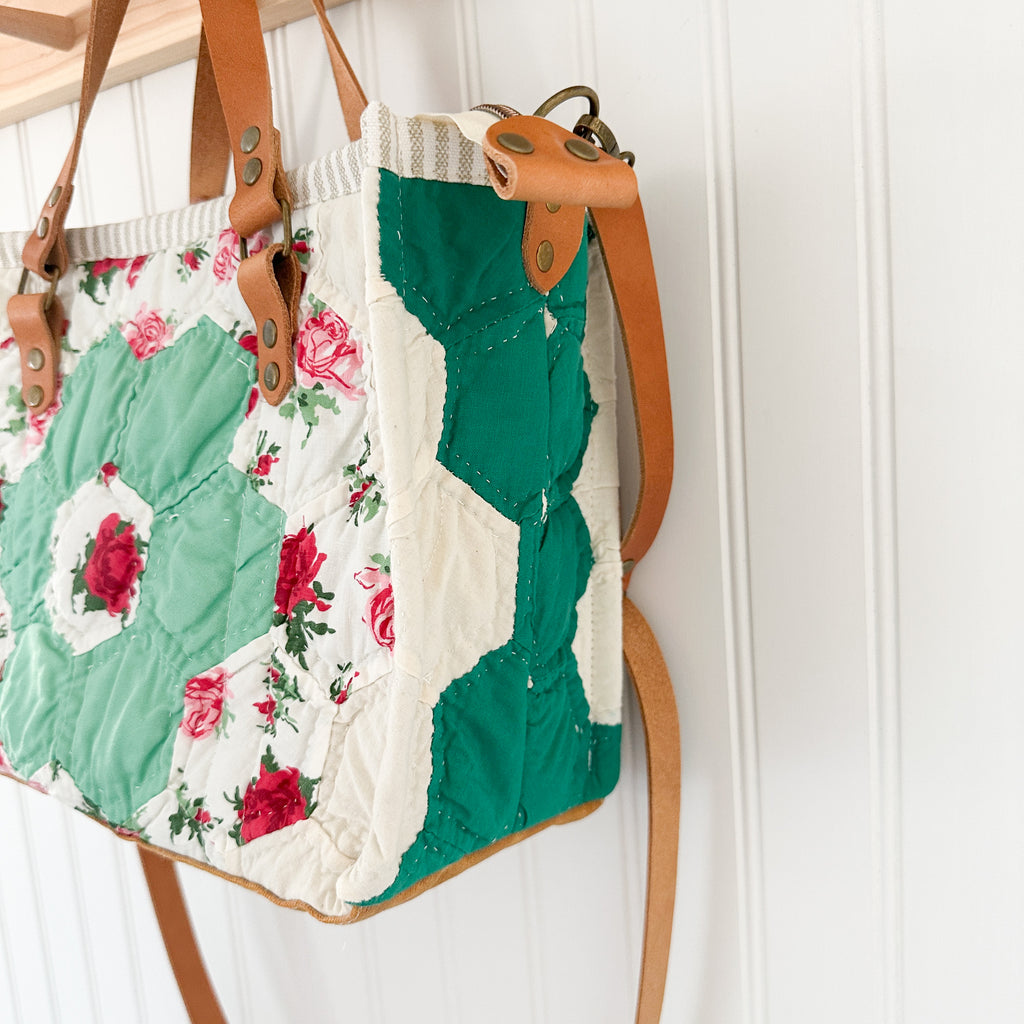 Boxy Bible Bag Vintage Grandmothers Garden Quilt with Leather Handles and Crossbody Strap