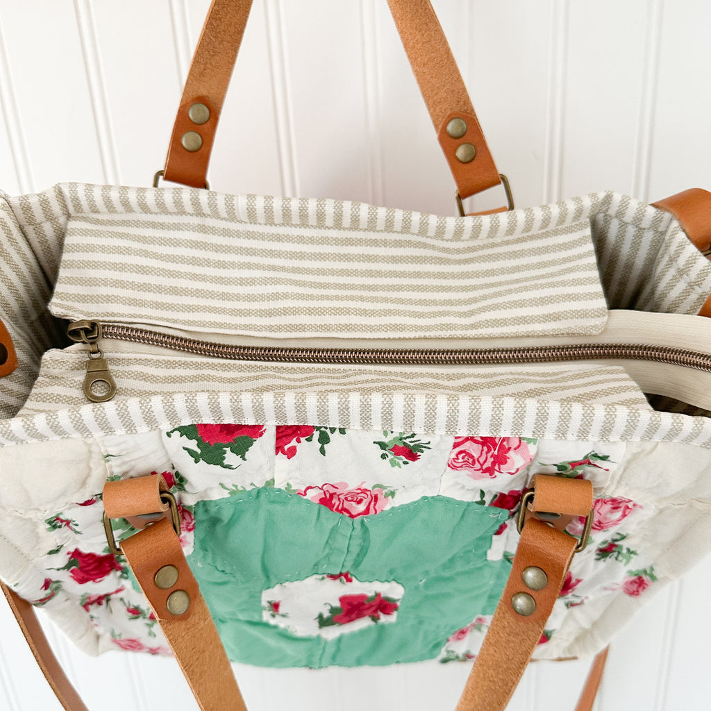 Boxy Bible Bag Vintage Grandmothers Garden Quilt with Leather Handles and Crossbody Strap