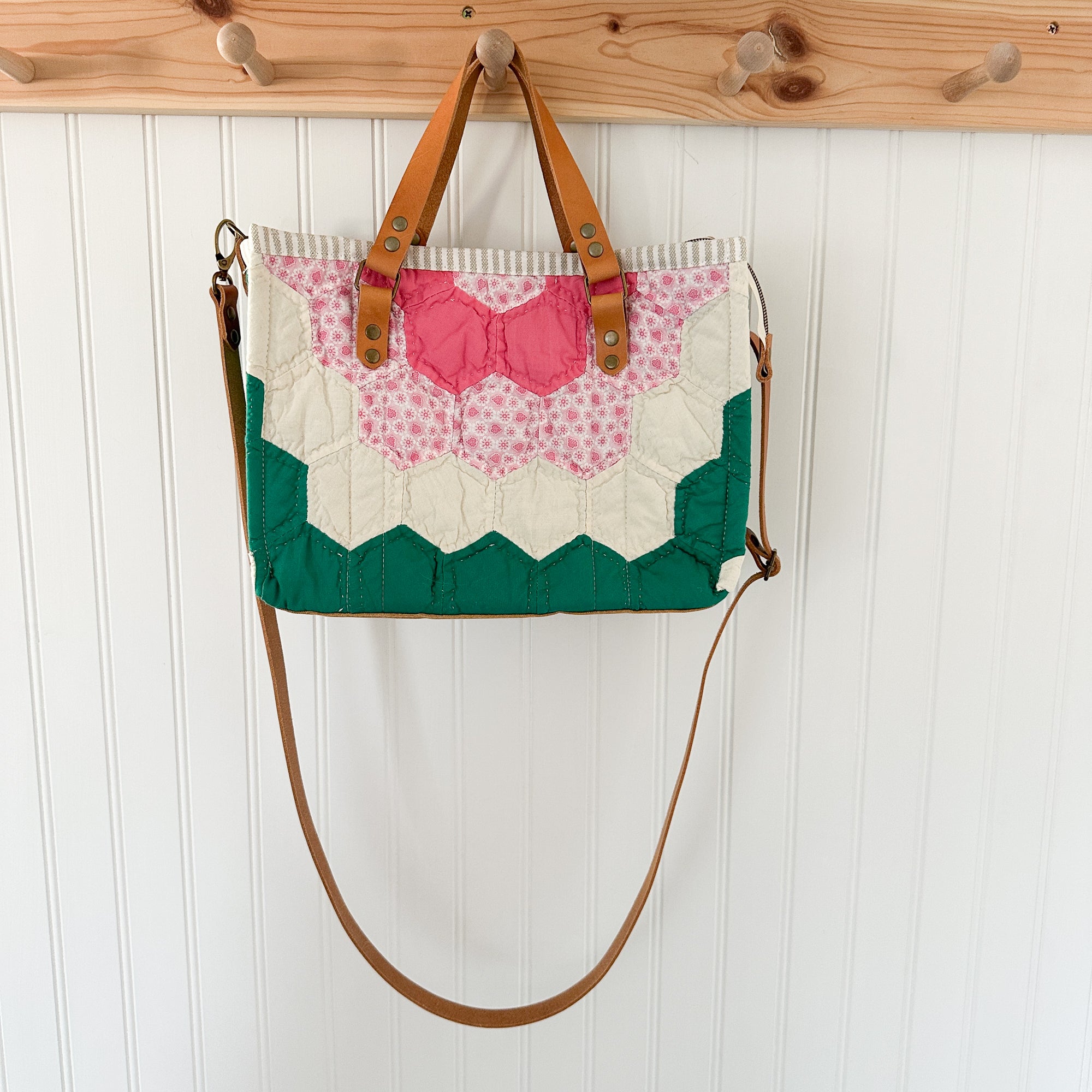 Boxy Bible Bag Vintage Grandmothers Garden Quilt with Leather Handles and Crossbody Strap