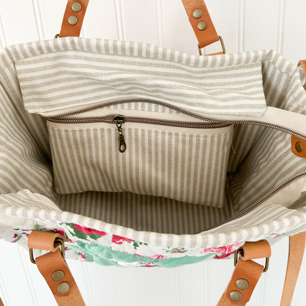 Boxy Bible Bag Vintage Grandmothers Garden Quilt with Leather Handles and Crossbody Strap