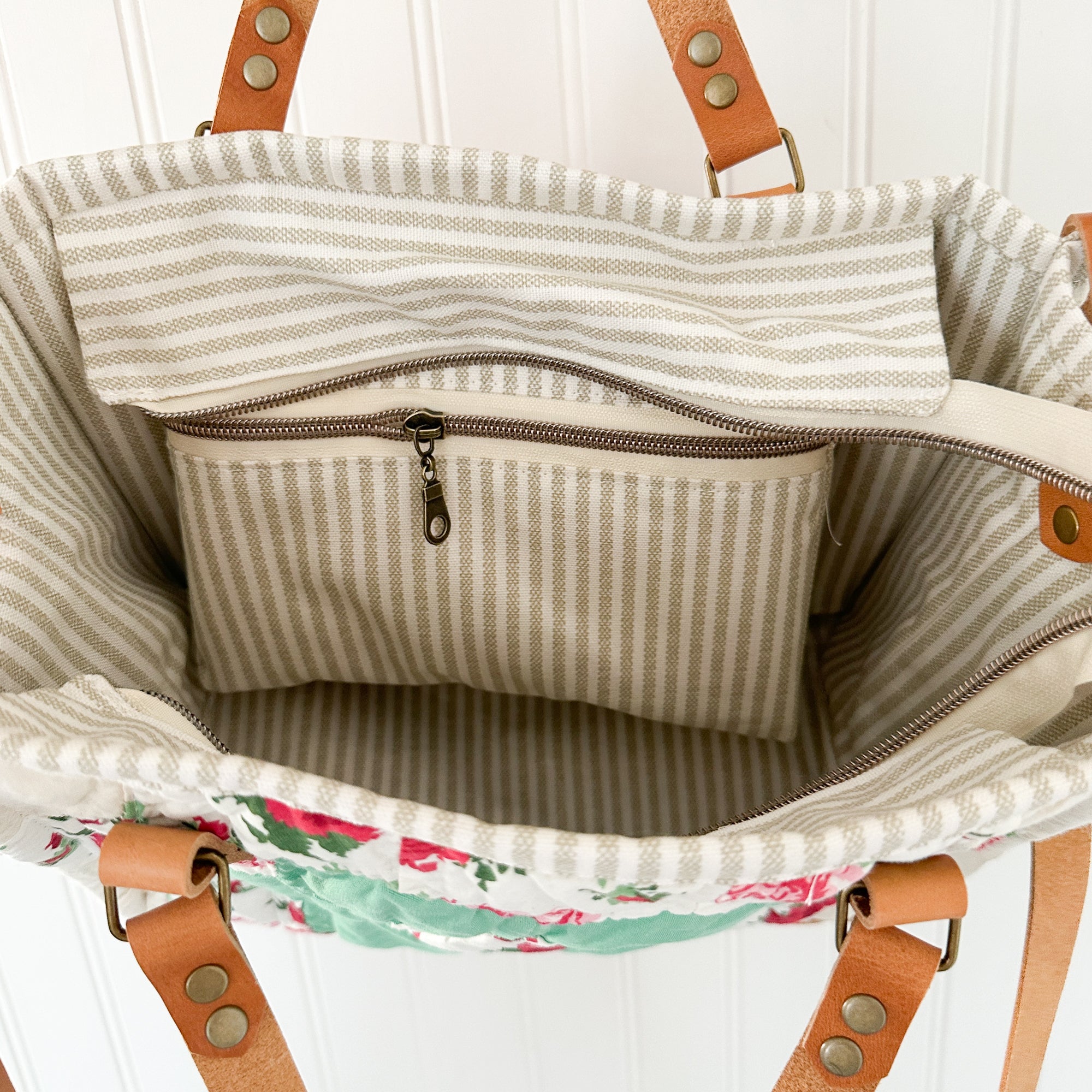 Boxy Bible Bag Vintage Grandmothers Garden Quilt with Leather Handles and Crossbody Strap