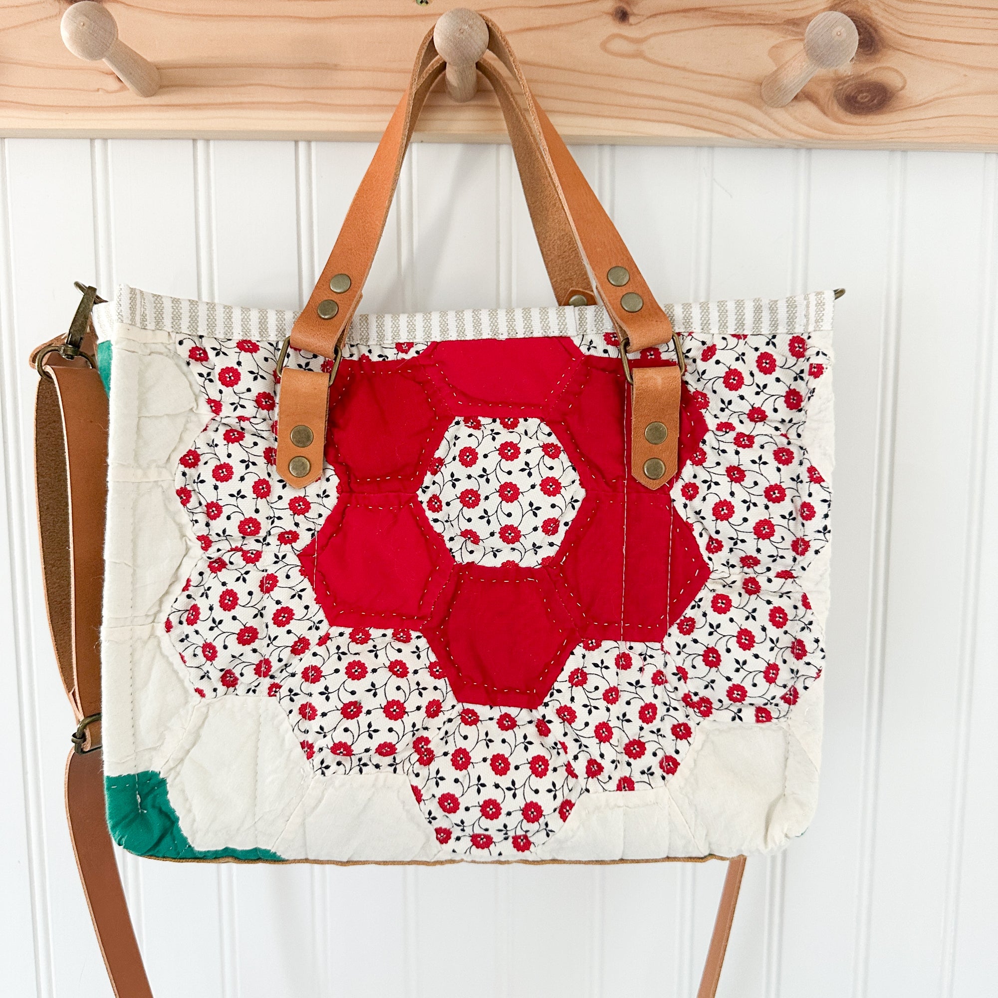 Boxy Bible Bag Vintage Grandmothers Garden Quilt with Leather Handles and Crossbody Strap