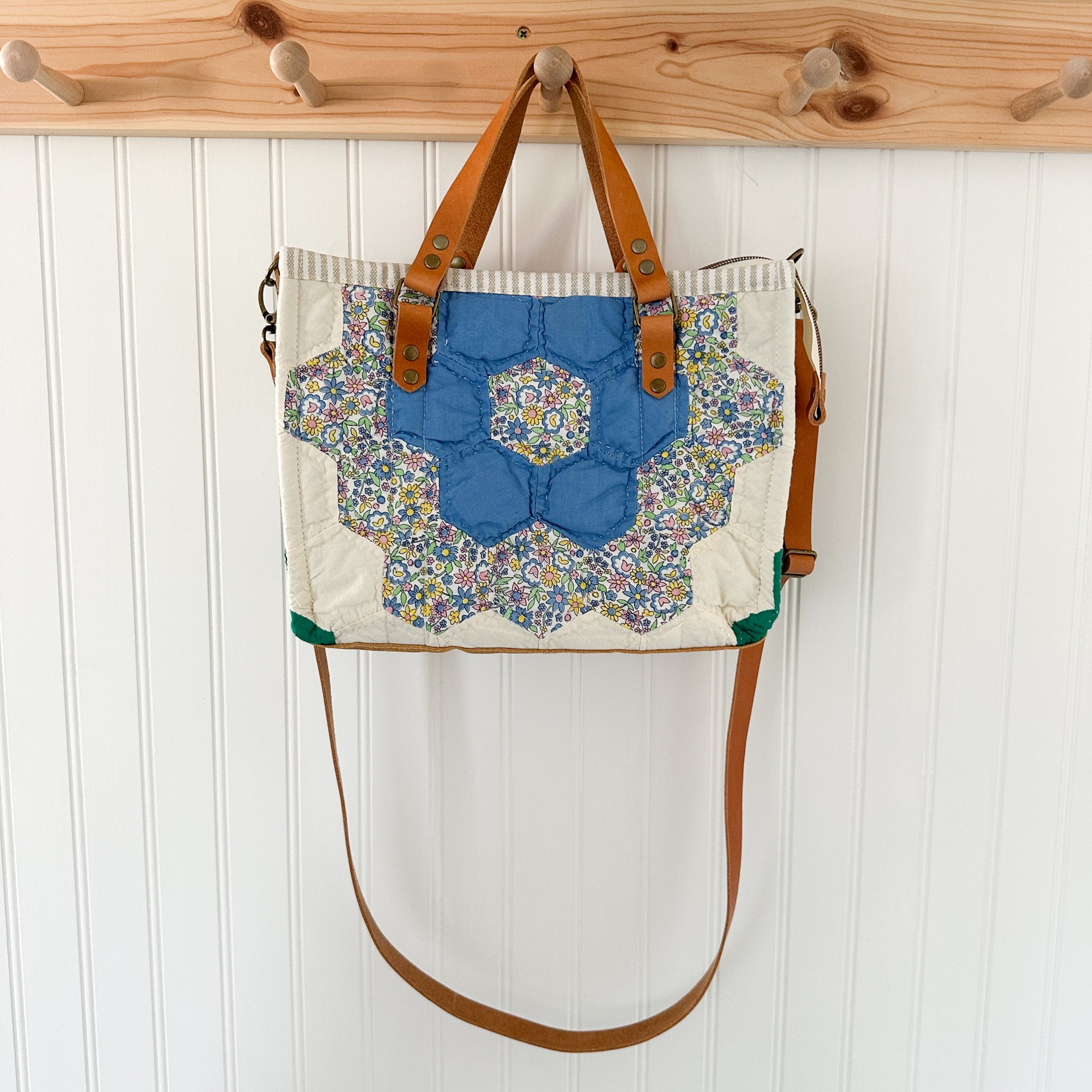 Boxy Bible Bag Vintage Grandmothers Garden Quilt with Leather Handles and Crossbody Strap