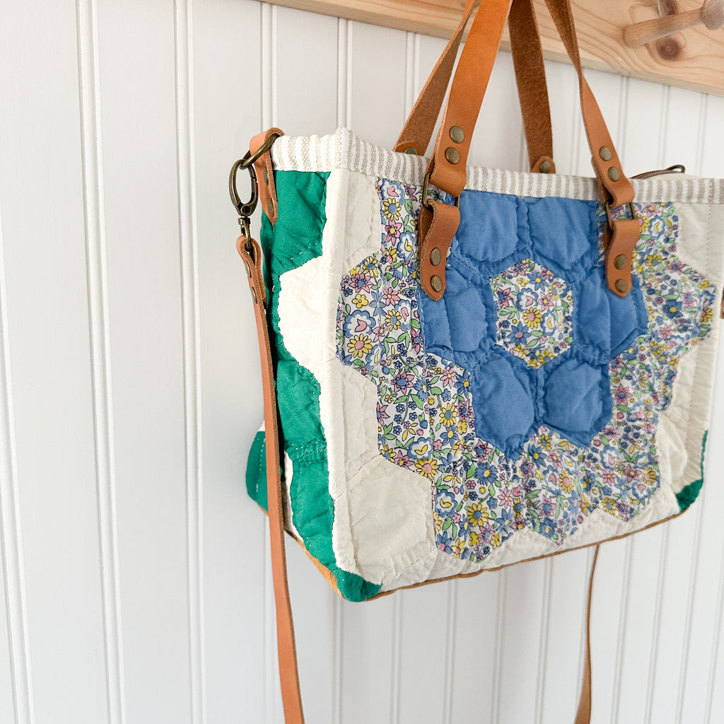 Boxy Bible Bag Vintage Grandmothers Garden Quilt with Leather Handles and Crossbody Strap