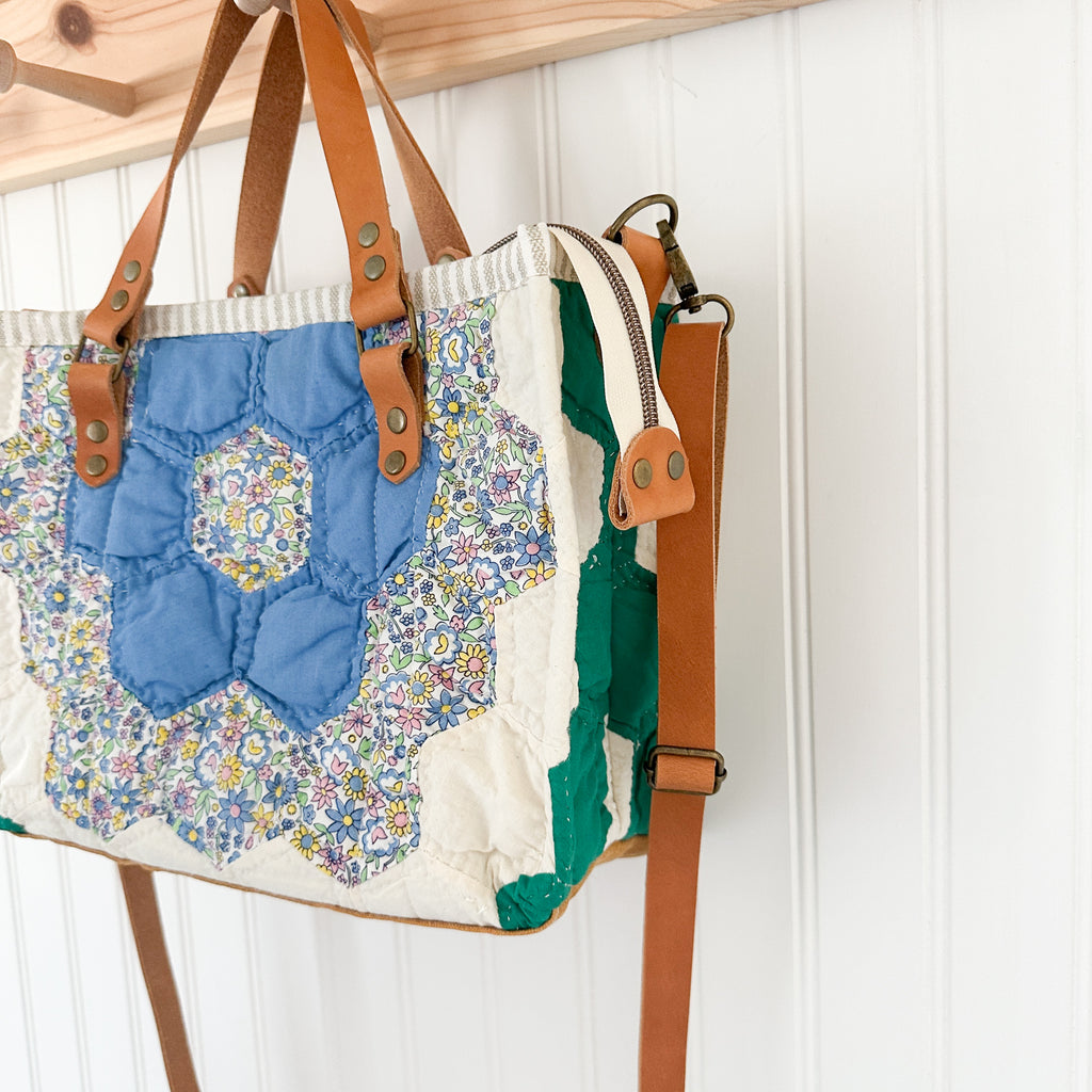 Boxy Bible Bag Vintage Grandmothers Garden Quilt with Leather Handles and Crossbody Strap