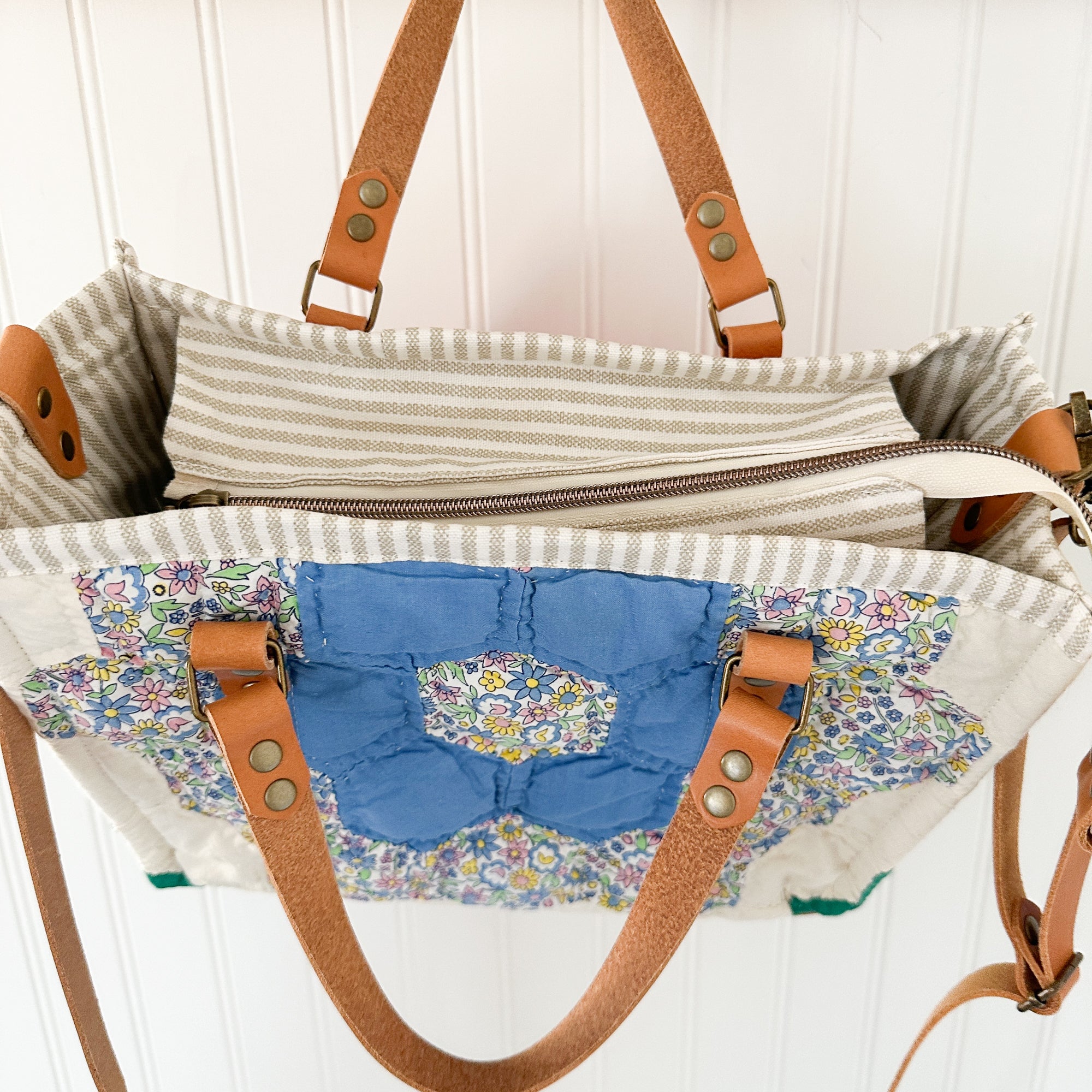 Boxy Bible Bag Vintage Grandmothers Garden Quilt with Leather Handles and Crossbody Strap