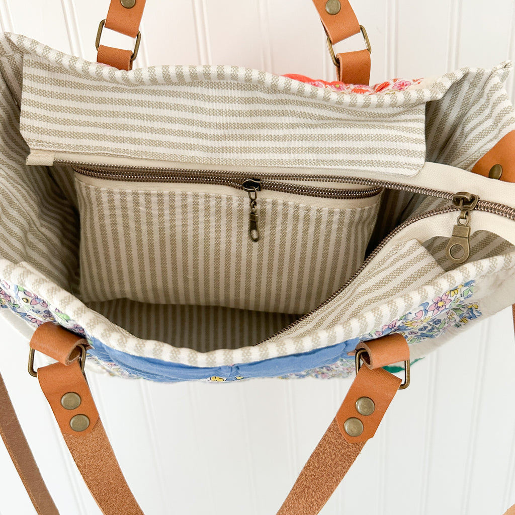 Boxy Bible Bag Vintage Grandmothers Garden Quilt with Leather Handles and Crossbody Strap