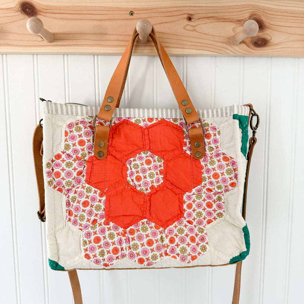 Boxy Bible Bag Vintage Grandmothers Garden Quilt with Leather Handles and Crossbody Strap