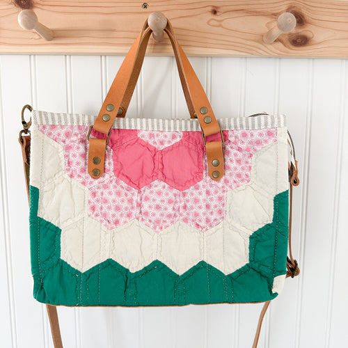 Boxy Bible Bag Vintage Grandmothers Garden Quilt with Leather Handles and Crossbody Strap