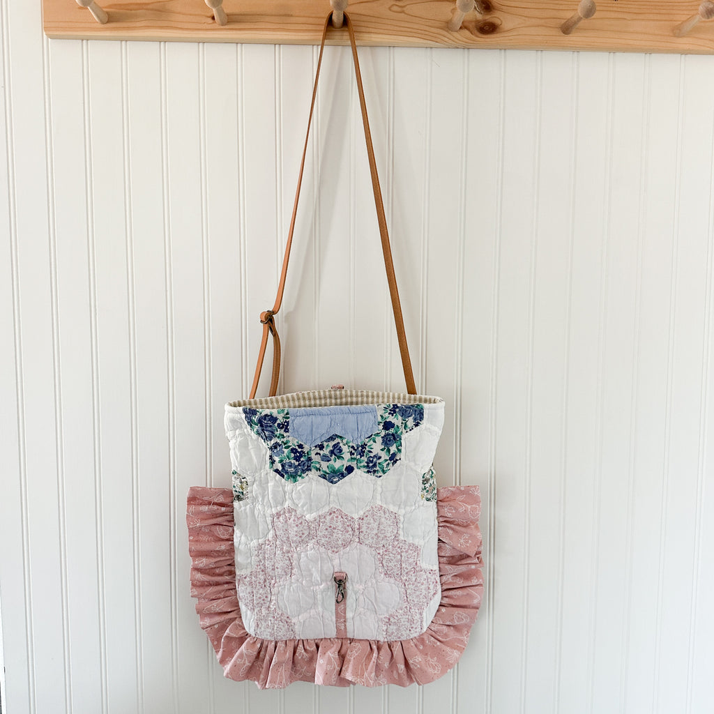 Ruffle Bible Bag Vintage Grandmothers Garden Quilt with Leather Crossbody Strap