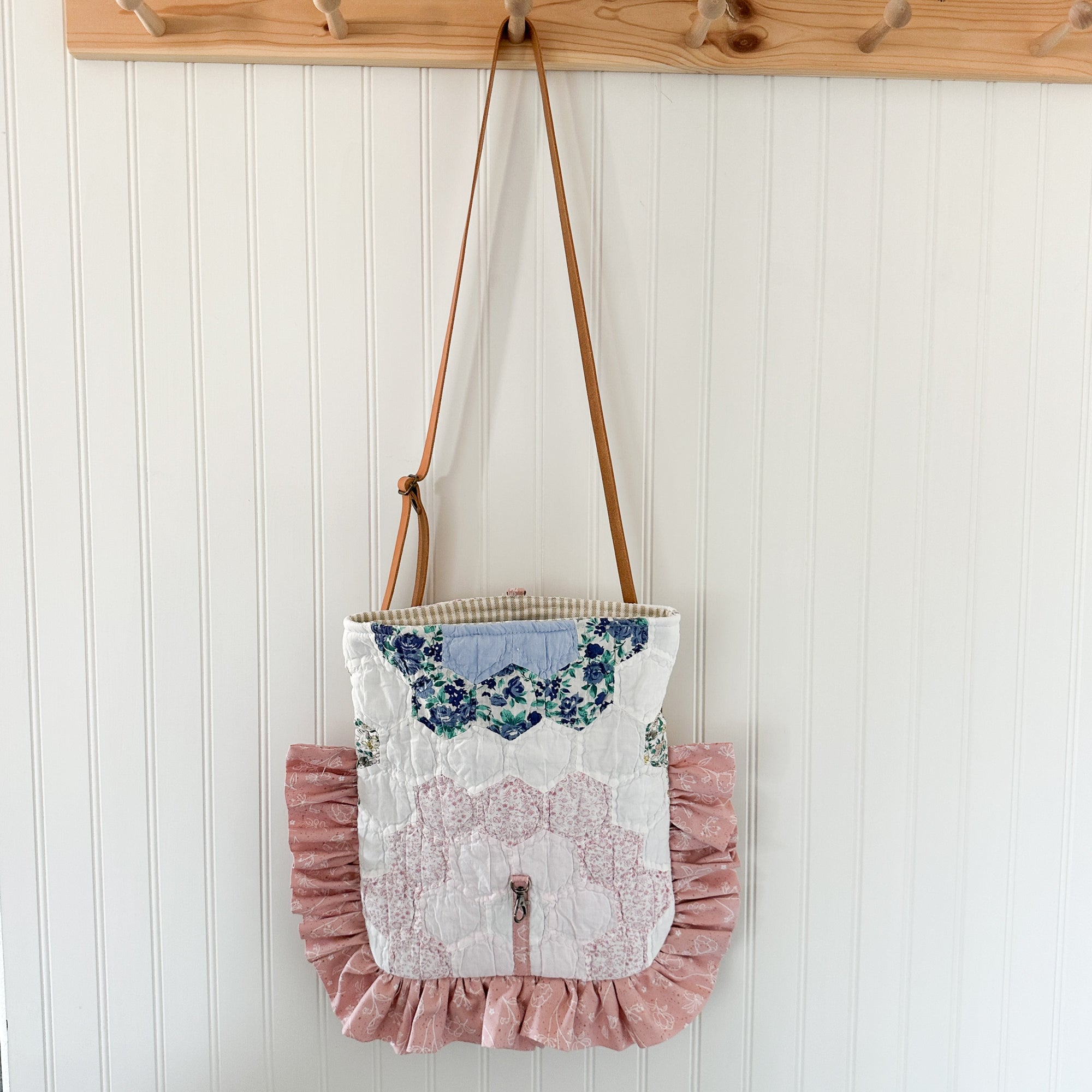 Ruffle Bible Bag Vintage Grandmothers Garden Quilt with Leather Crossbody Strap