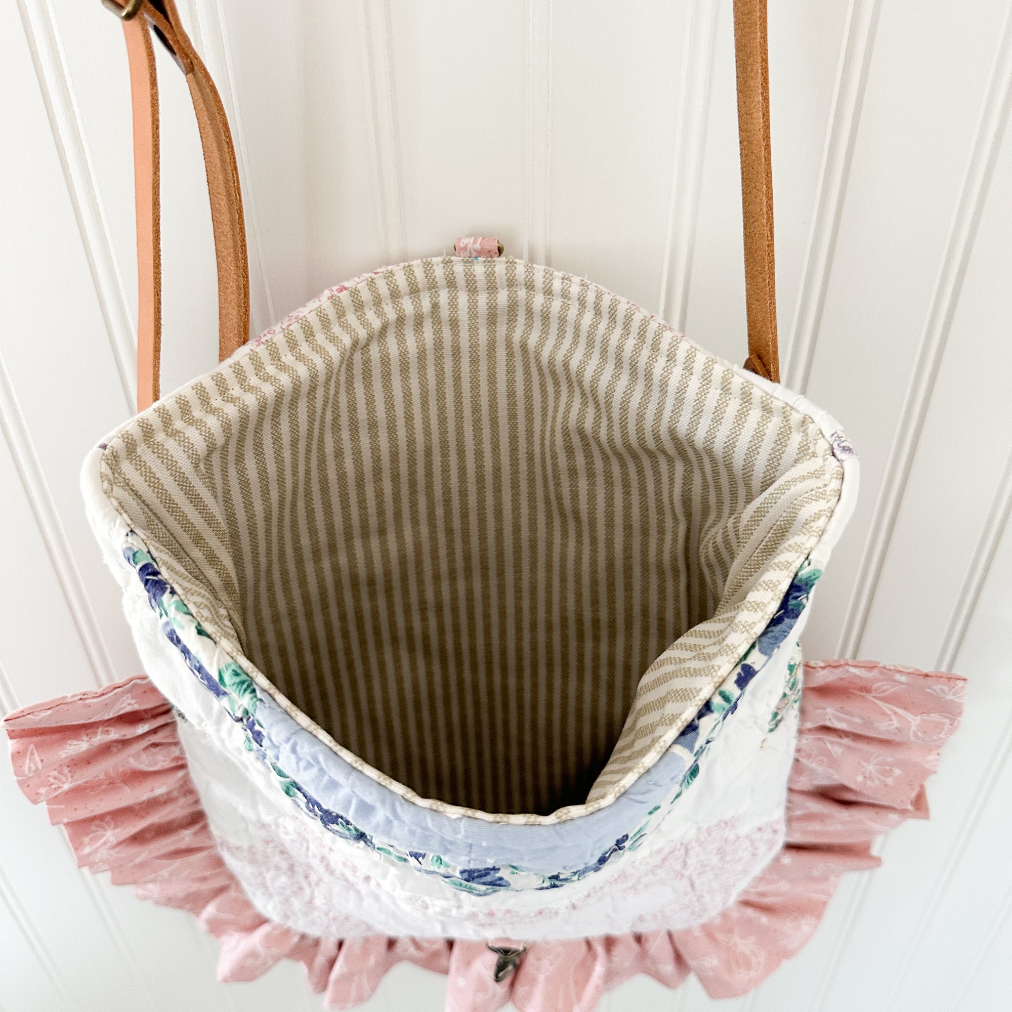 Ruffle Bible Bag Vintage Grandmothers Garden Quilt with Leather Crossbody Strap