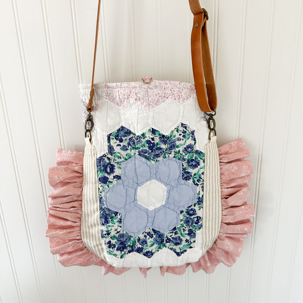 Ruffle Bible Bag Vintage Grandmothers Garden Quilt with Leather Crossbody Strap