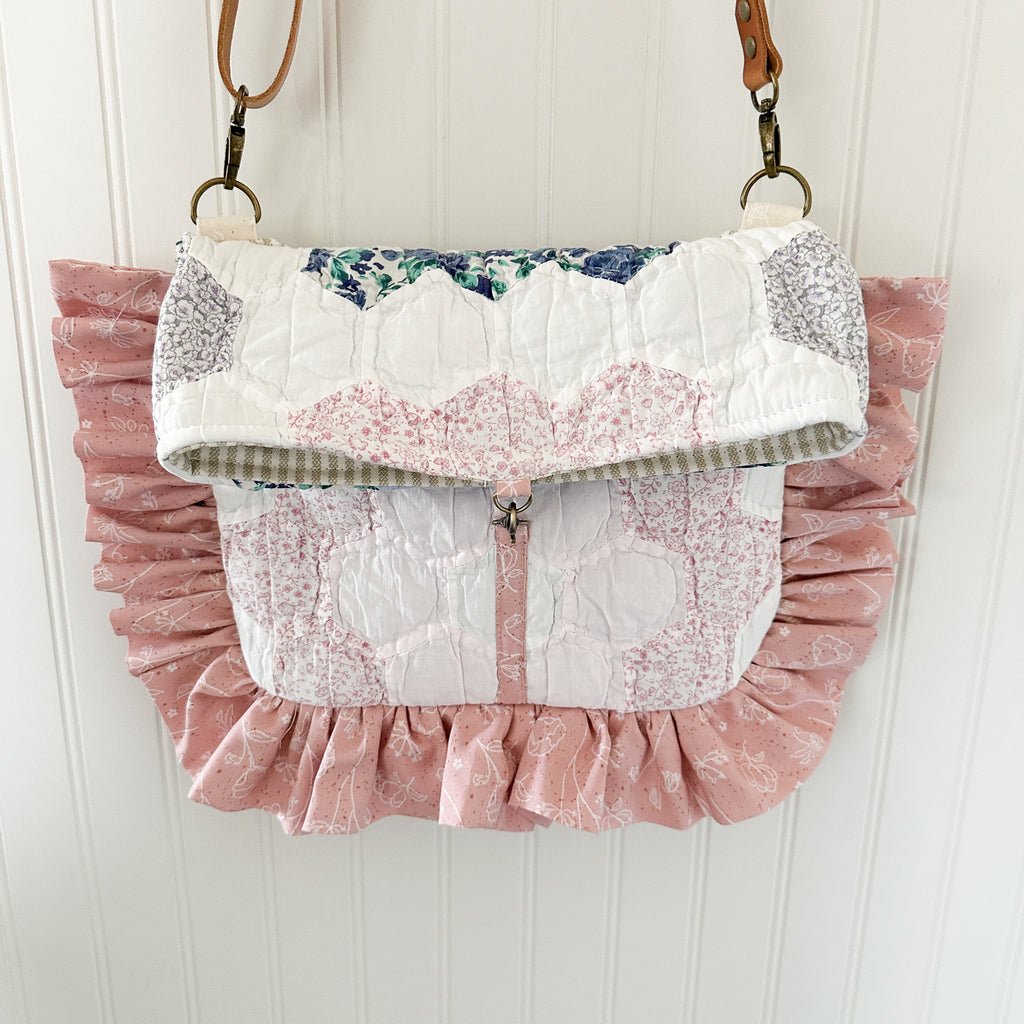 Ruffle Bible Bag Vintage Grandmothers Garden Quilt with Leather Crossbody Strap