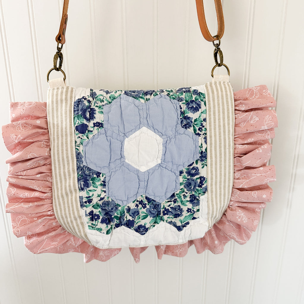 Ruffle Bible Bag Vintage Grandmothers Garden Quilt with Leather Crossbody Strap