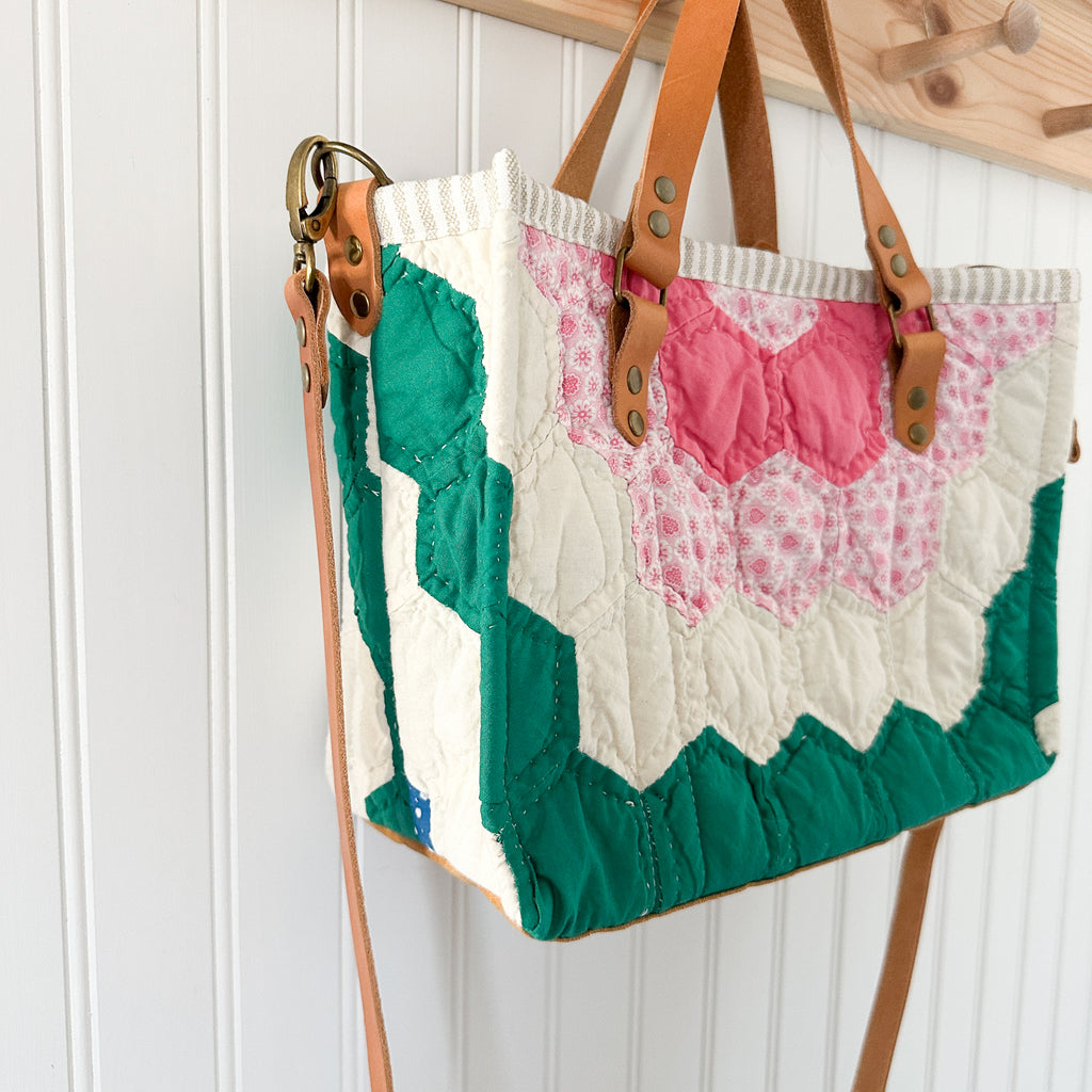 Boxy Bible Bag Vintage Grandmothers Garden Quilt with Leather Handles and Crossbody Strap