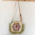 Ruffle Bible Bag Vintage Grandmothers Garden Quilt with Leather Crossbody Strap