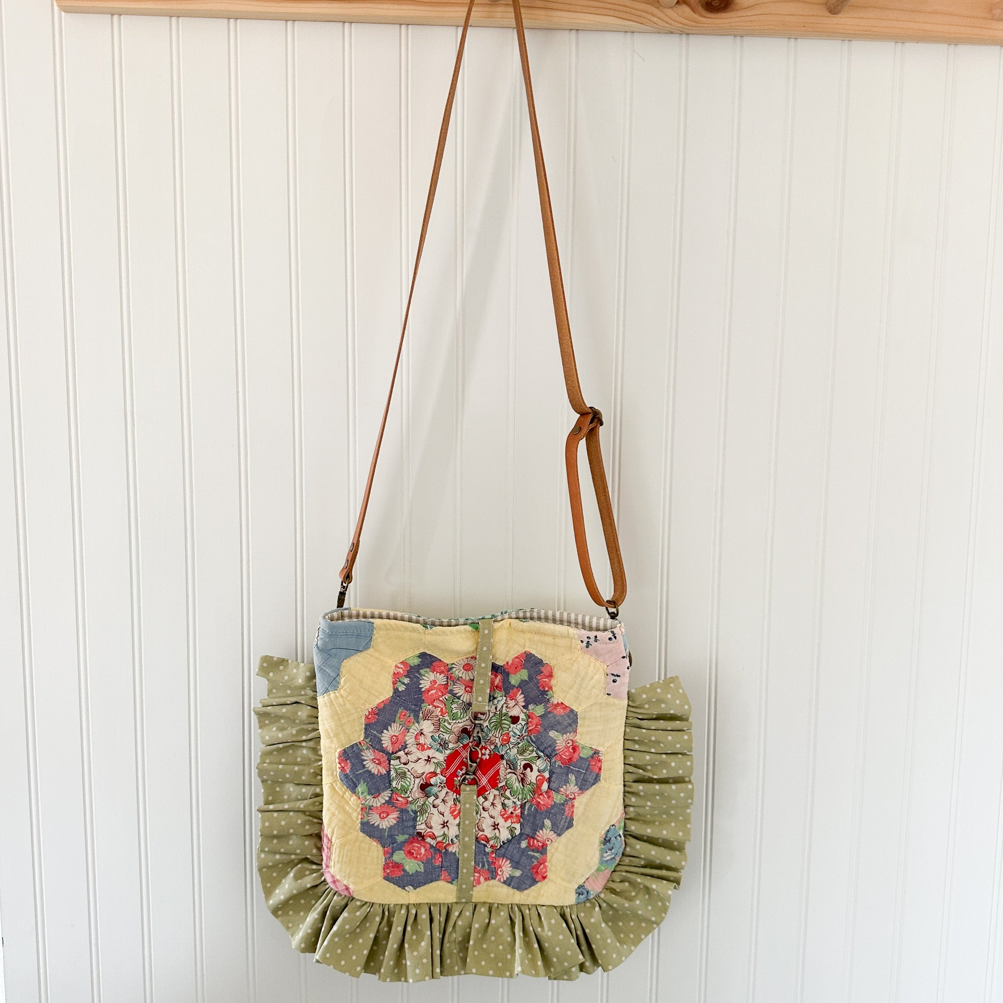 Ruffle Bible Bag Vintage Grandmothers Garden Quilt with Leather Crossbody Strap