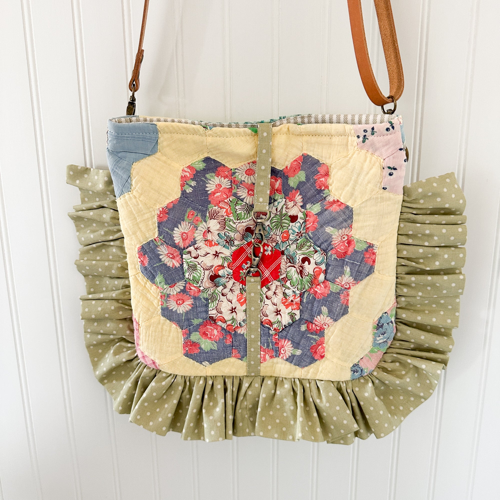 Ruffle Bible Bag Vintage Grandmothers Garden Quilt with Leather Crossbody Strap