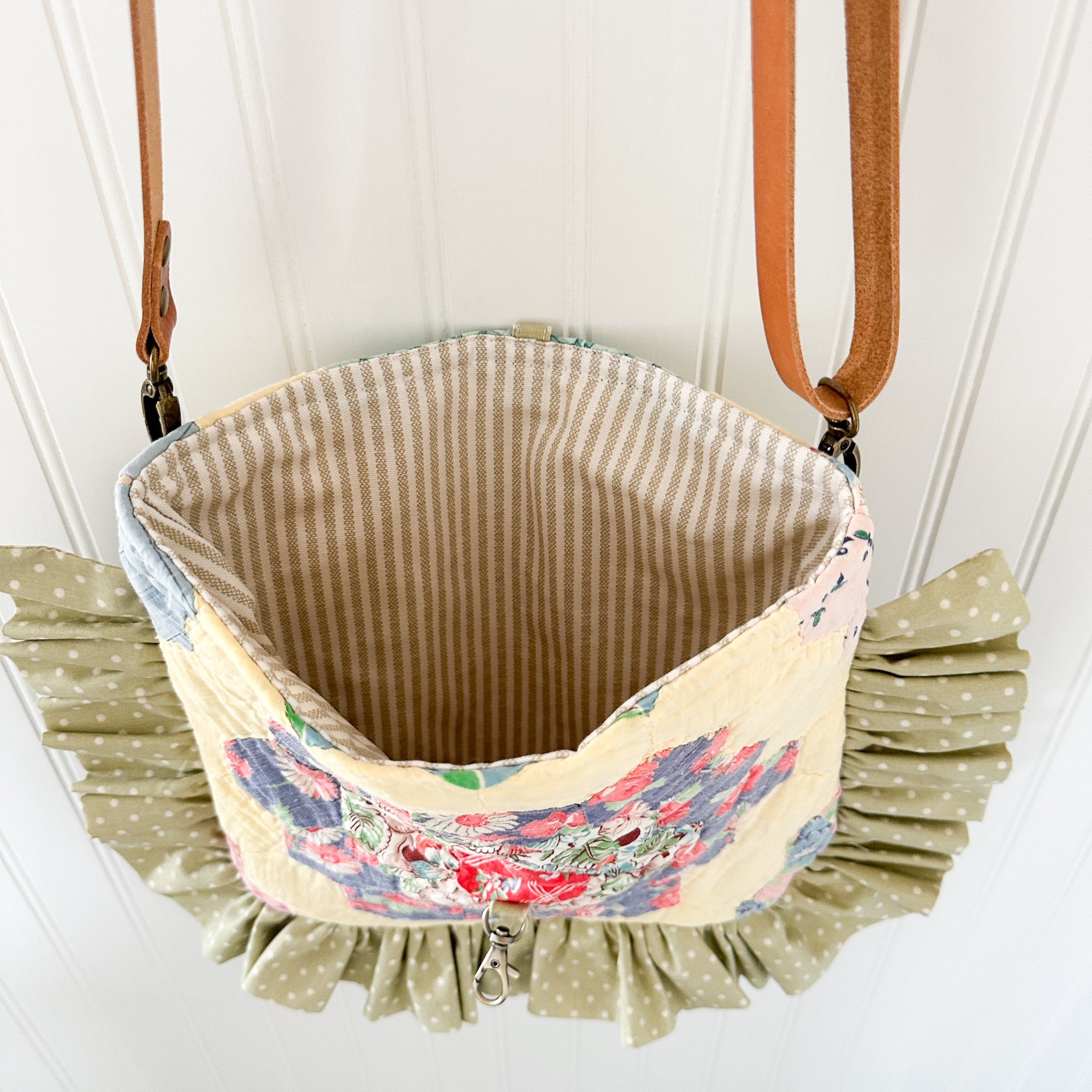 Ruffle Bible Bag Vintage Grandmothers Garden Quilt with Leather Crossbody Strap