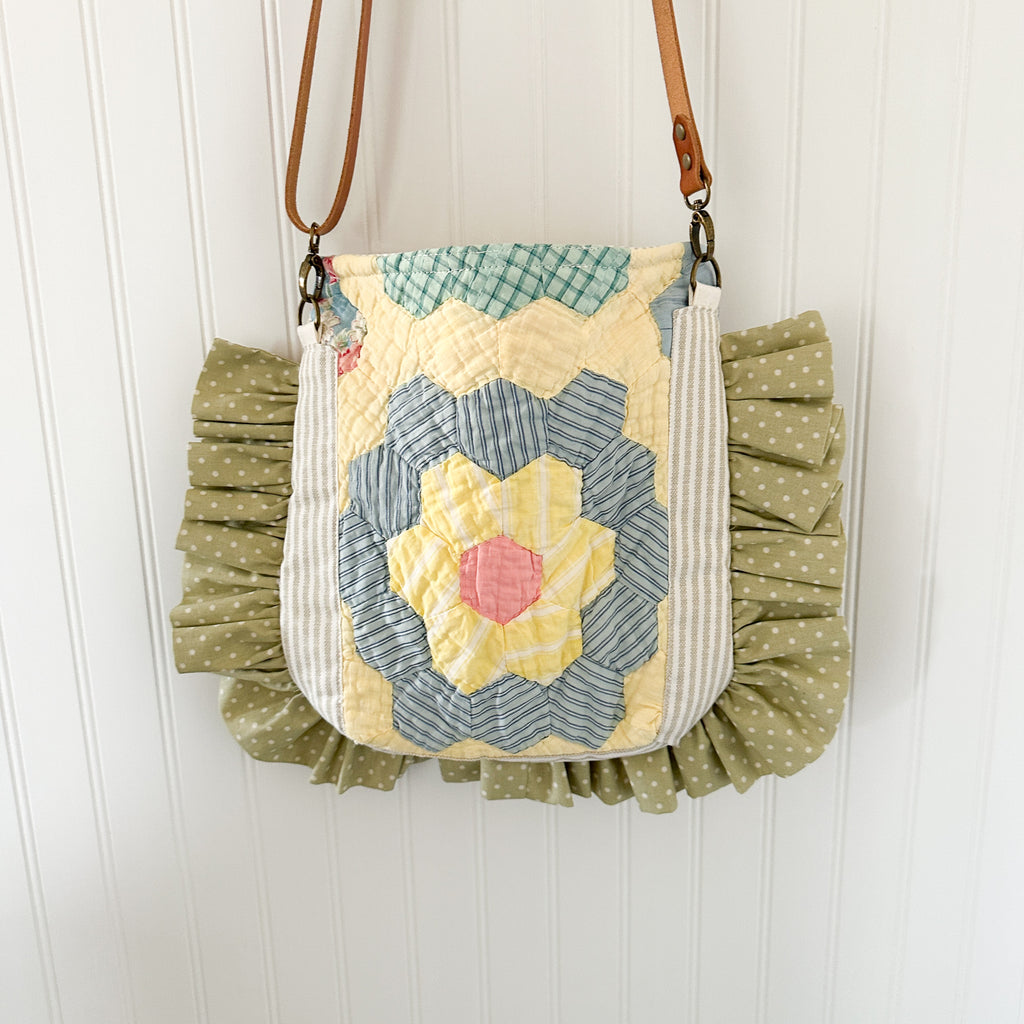 Ruffle Bible Bag Vintage Grandmothers Garden Quilt with Leather Crossbody Strap