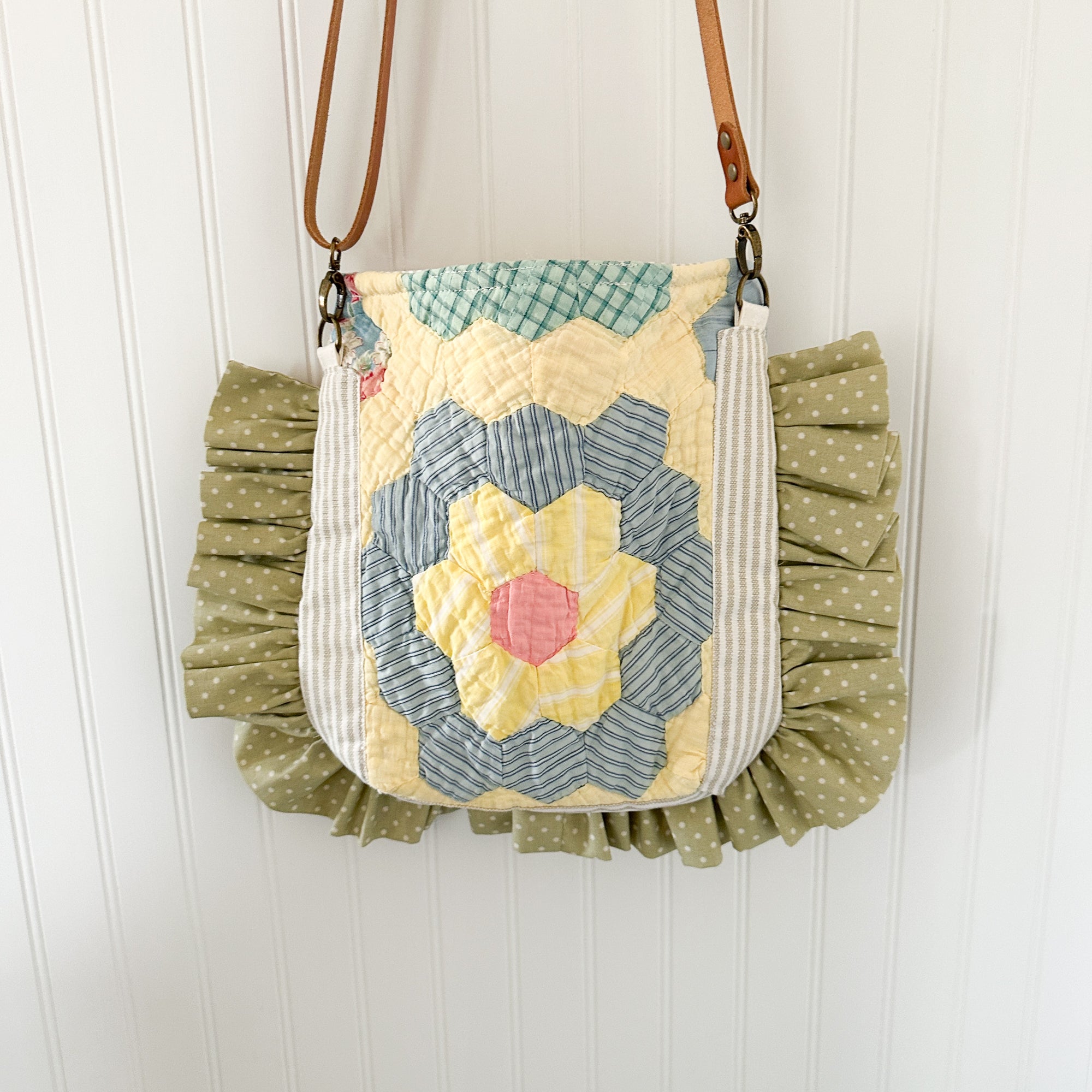 Ruffle Bible Bag Vintage Grandmothers Garden Quilt with Leather Crossbody Strap