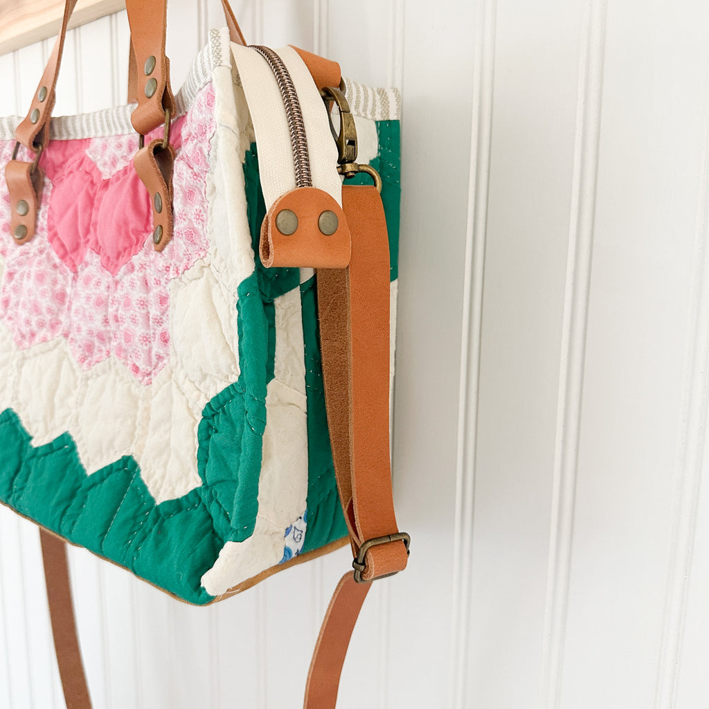 Boxy Bible Bag Vintage Grandmothers Garden Quilt with Leather Handles and Crossbody Strap