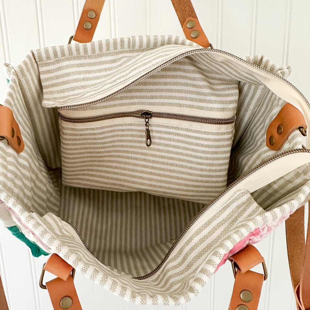 Boxy Bible Bag Vintage Grandmothers Garden Quilt with Leather Handles and Crossbody Strap