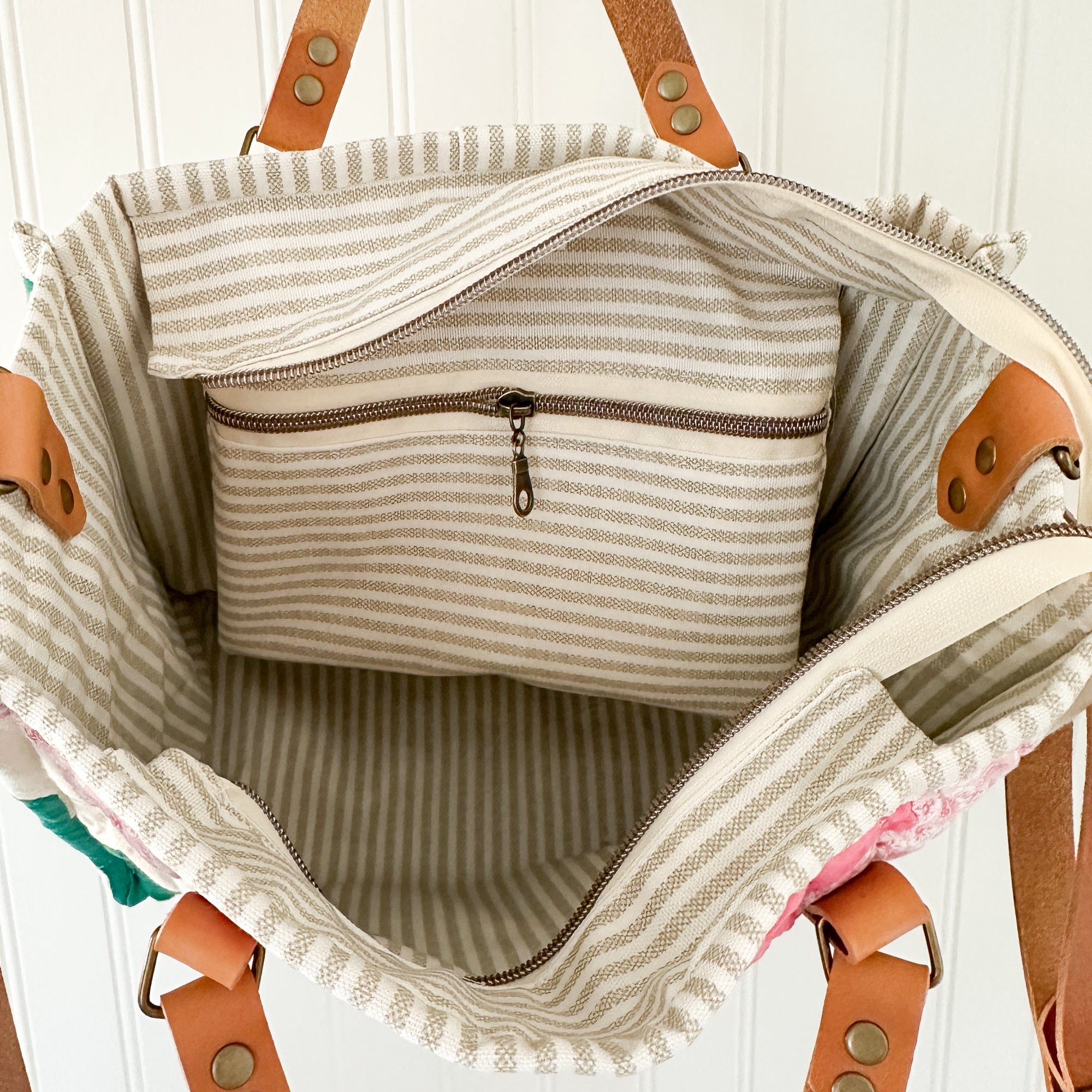 Boxy Bible Bag Vintage Grandmothers Garden Quilt with Leather Handles and Crossbody Strap