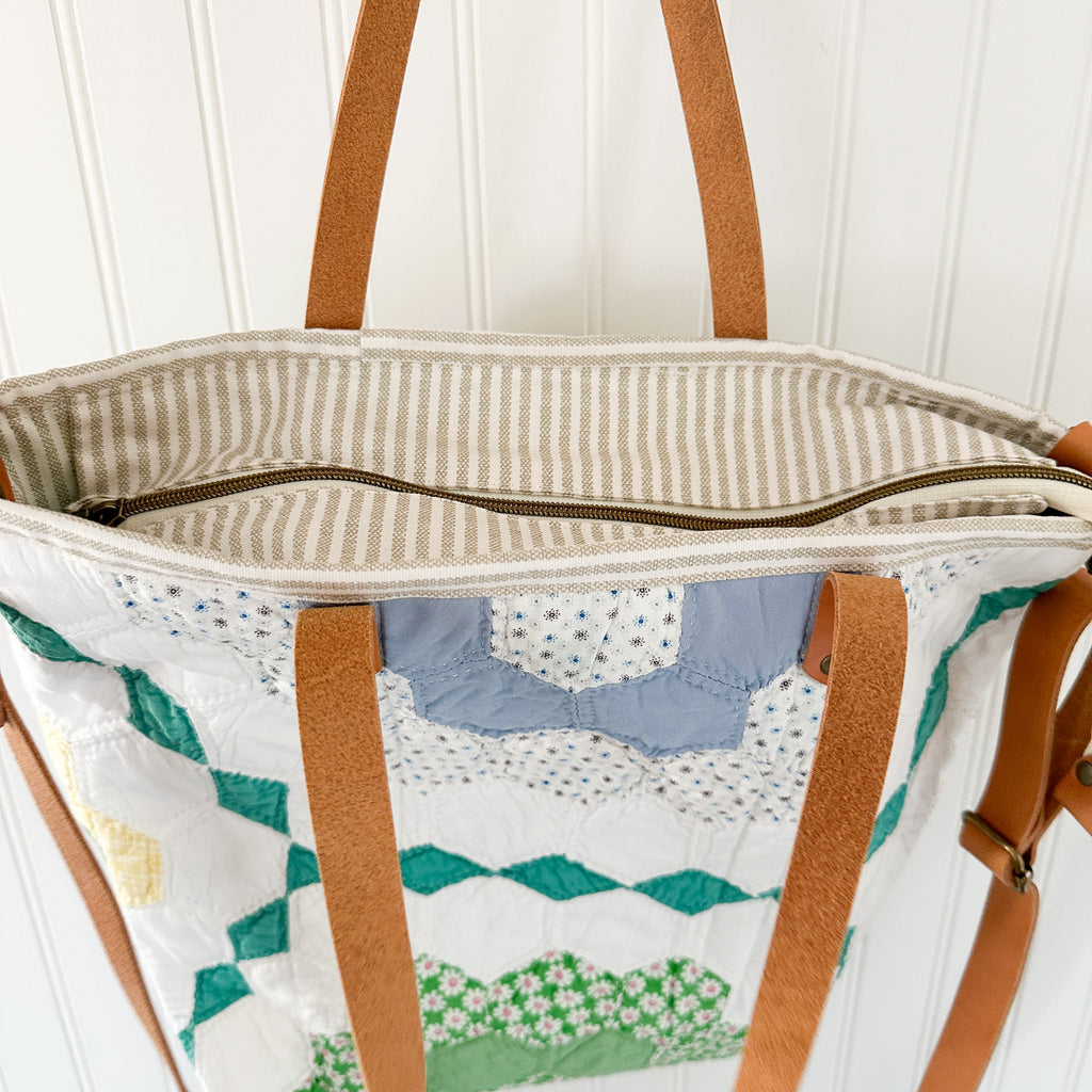 Vintage Grandmothers Garden Tote Bag with Leather Crossbody Strap, Leather Handles, Inside Pocket and Zipper Closure