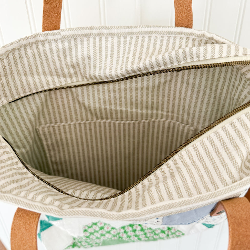 Vintage Grandmothers Garden Tote Bag with Leather Crossbody Strap, Leather Handles, Inside Pocket and Zipper Closure