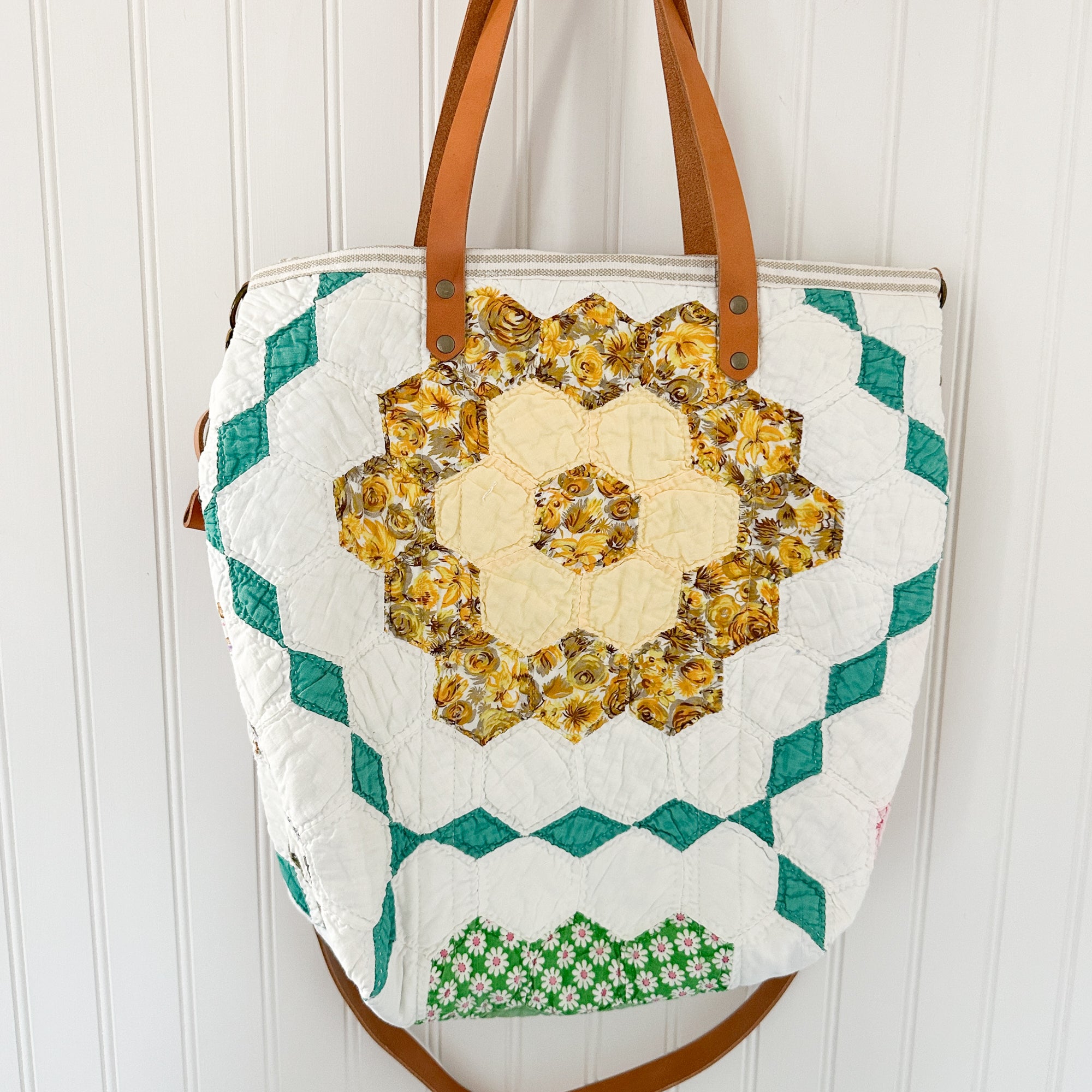 Vintage Grandmothers Garden Tote Bag with Leather Crossbody Strap, Leather Handles, Inside Pocket and Zipper Closure