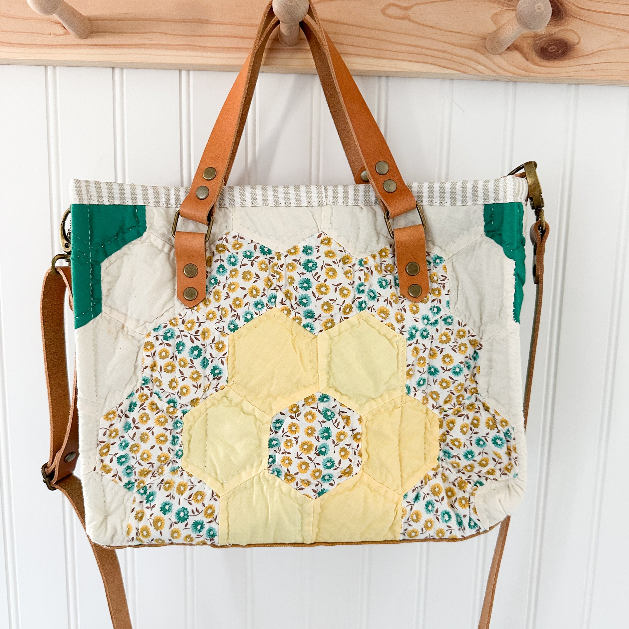 Boxy Bible Bag Vintage Grandmothers Garden Quilt with Leather Handles and Crossbody Strap