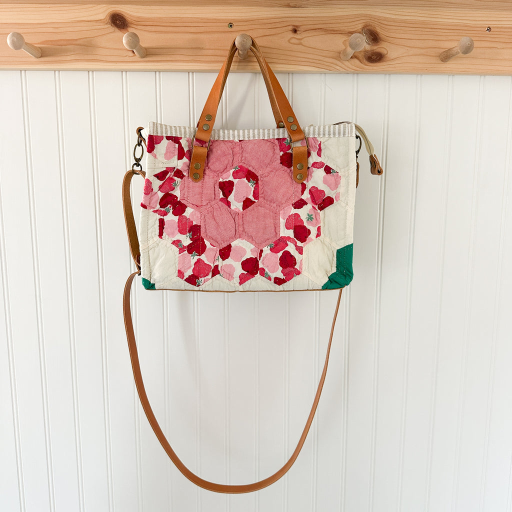 Boxy Bible Bag Vintage Grandmothers Garden Quilt with Leather Handles and Crossbody Strap