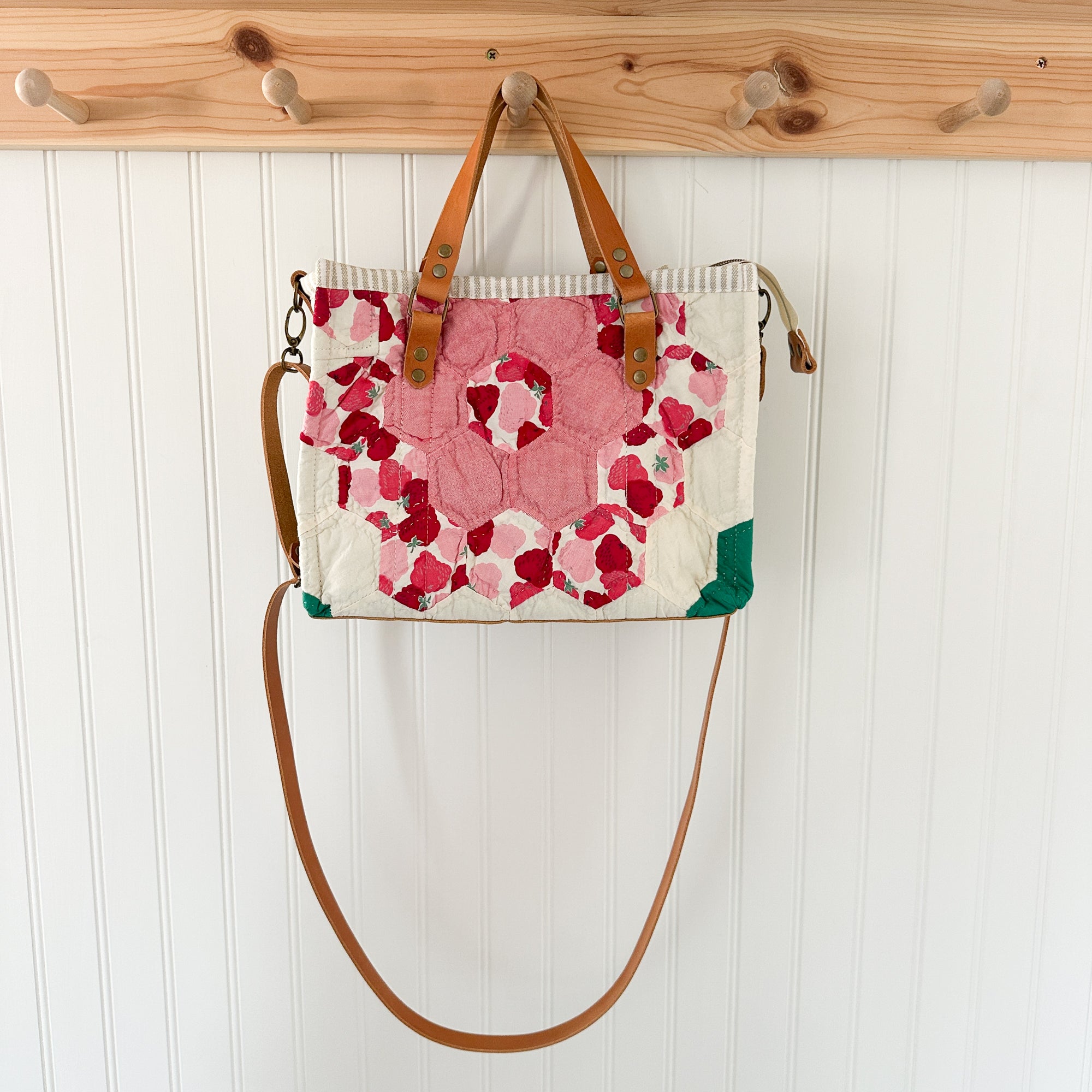 Boxy Bible Bag Vintage Grandmothers Garden Quilt with Leather Handles and Crossbody Strap